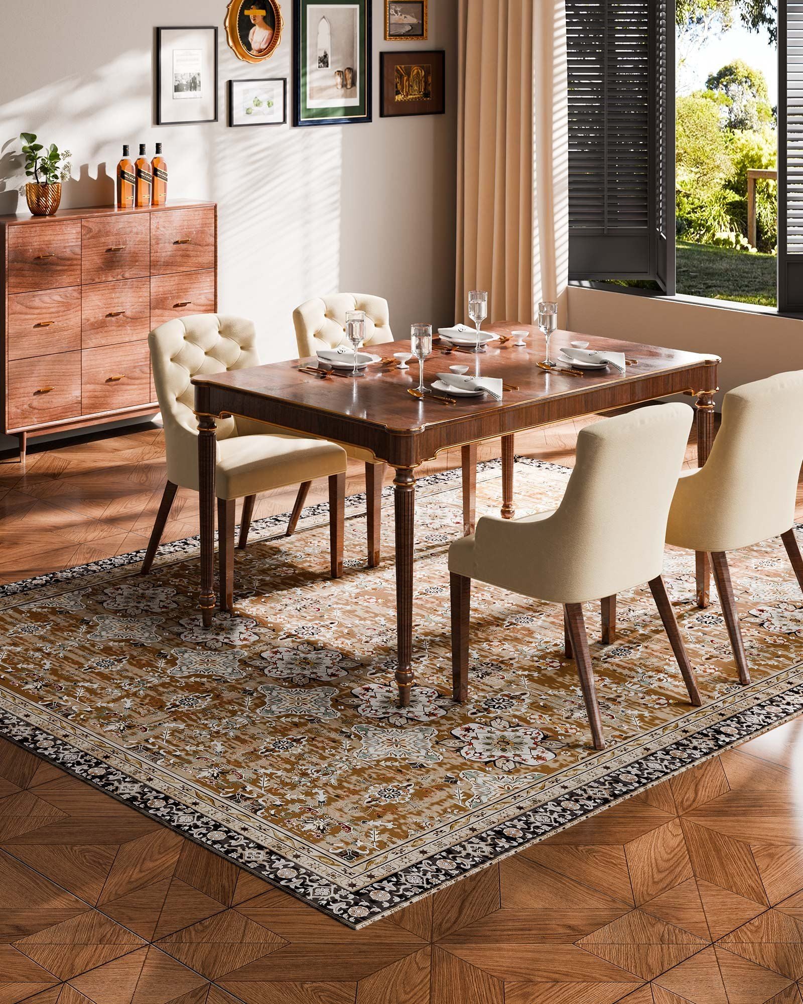 Area Rug, 2438.4 x 3048 mm Large Washable Rug, Non-Slip & Tear-Resistant Soft Carpet, Pet & Child Friendly Vintage Area Rugs, Indoor Mat for Bedroom, Living Room, Kids Room, Office, Brown Green