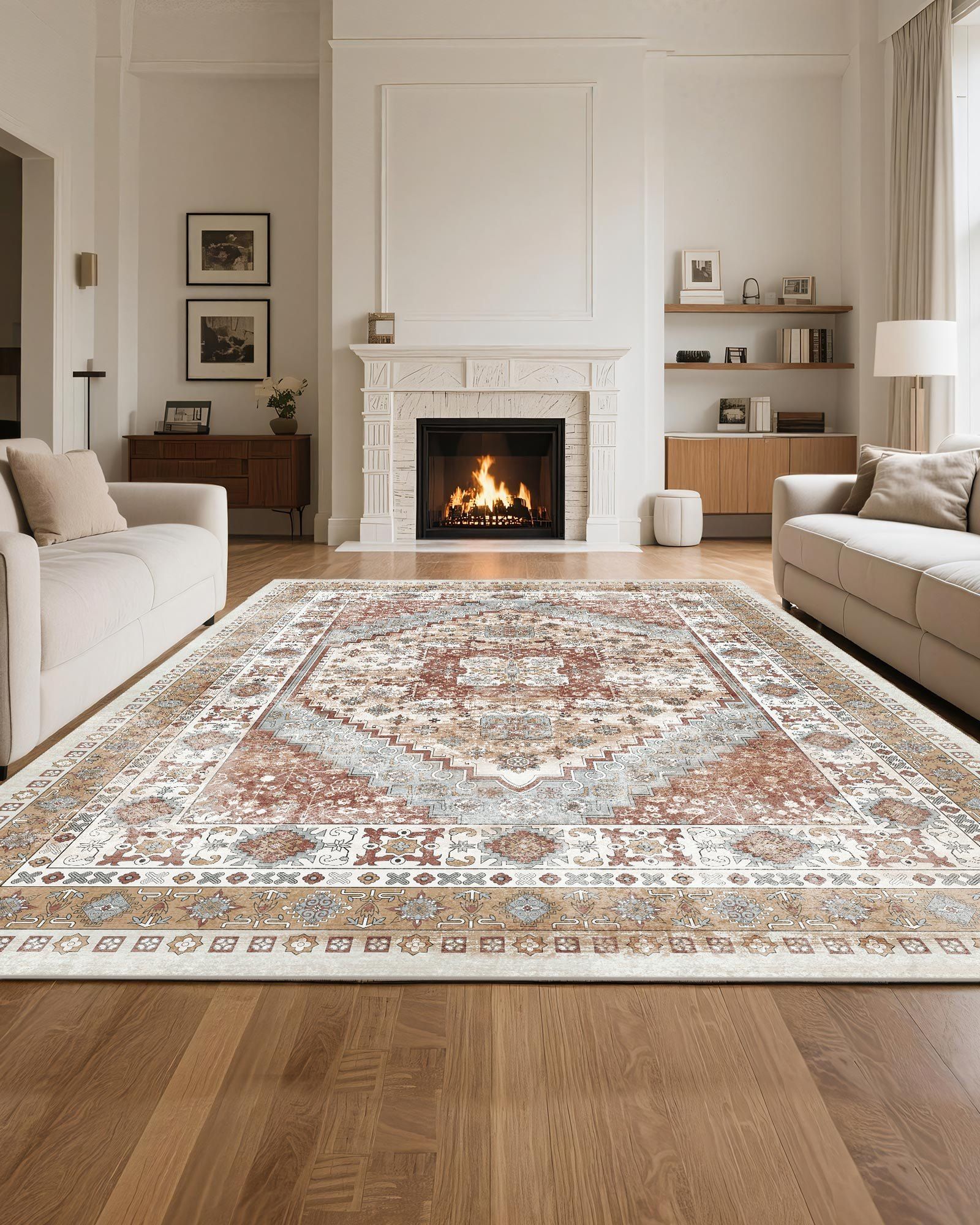 Area Rug, 2438.4 x 3048 mm Large Washable Rug, Non-Slip and Tear-Resistant Soft Carpet, Pet & Child Friendly Vintage Area Rugs, Indoor Mat for Bedroom, Living Room, Kids Room, Office, Brown Red