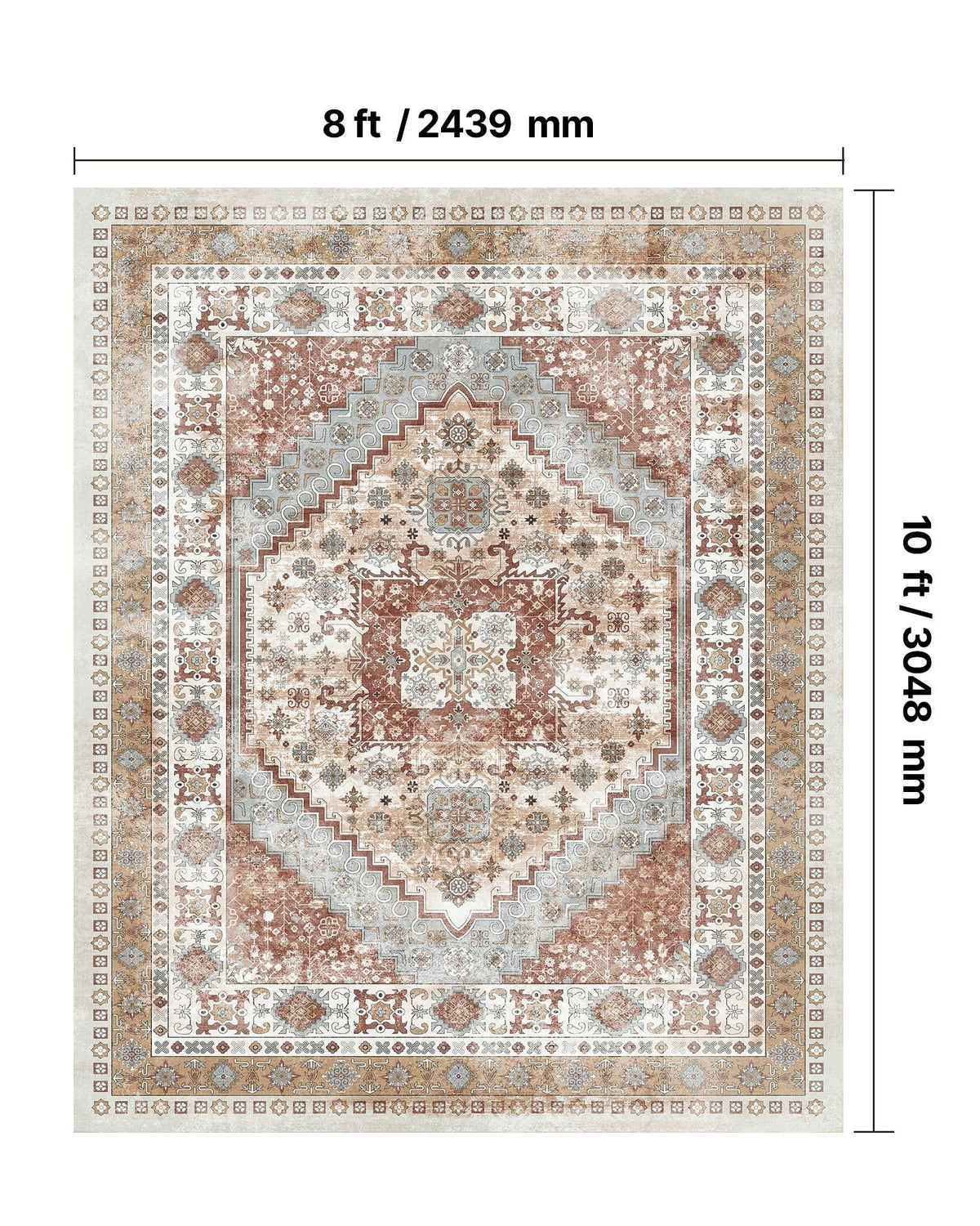 Area Rug, 2438.4 x 3048 mm Large Washable Rug, Non-Slip and Tear-Resistant Soft Carpet, Pet & Child Friendly Vintage Area Rugs, Indoor Mat for Bedroom, Living Room, Kids Room, Office, Brown Red