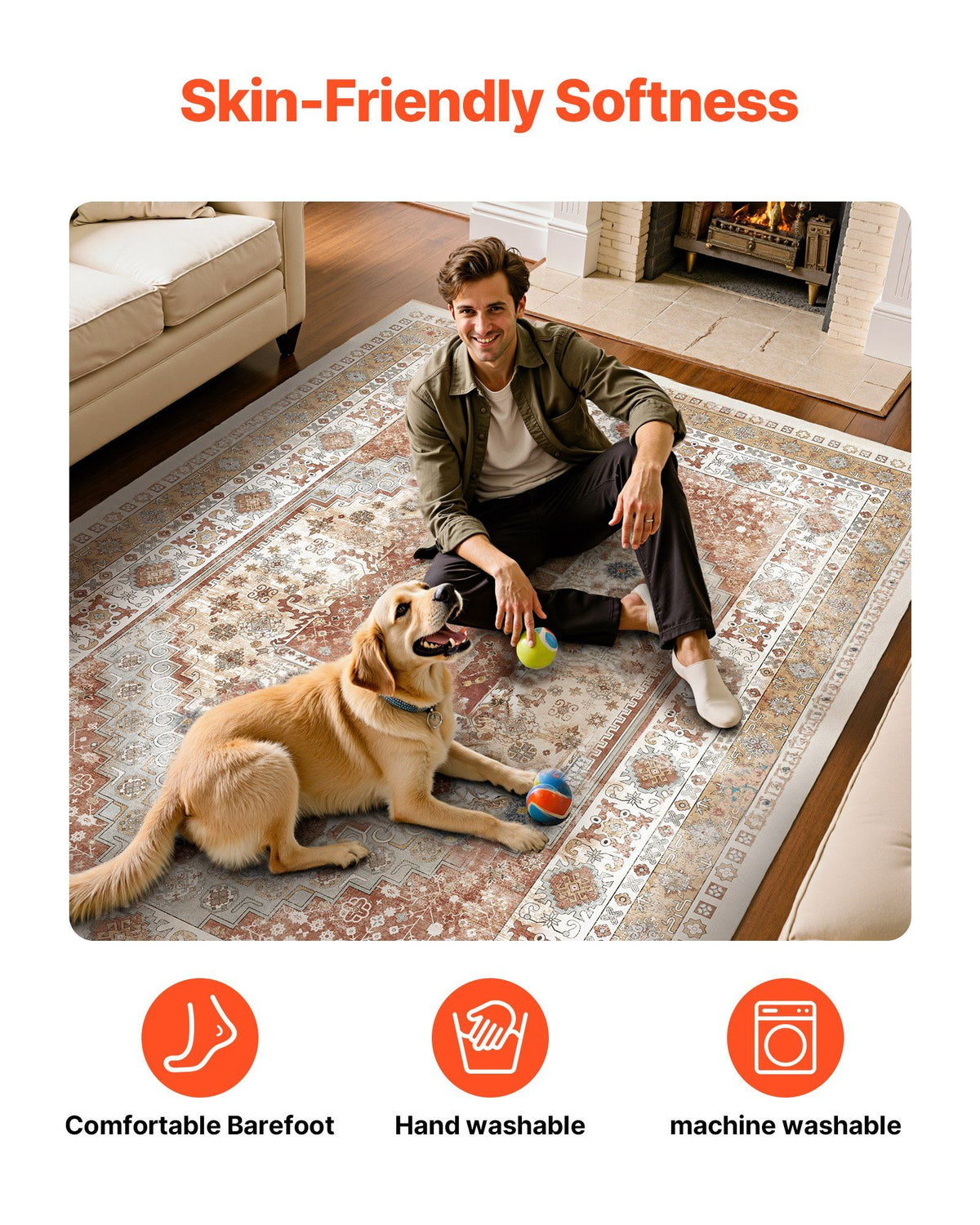 Area Rug, 2438.4 x 3048 mm Large Washable Rug, Non-Slip and Tear-Resistant Soft Carpet, Pet & Child Friendly Vintage Area Rugs, Indoor Mat for Bedroom, Living Room, Kids Room, Office, Brown Red