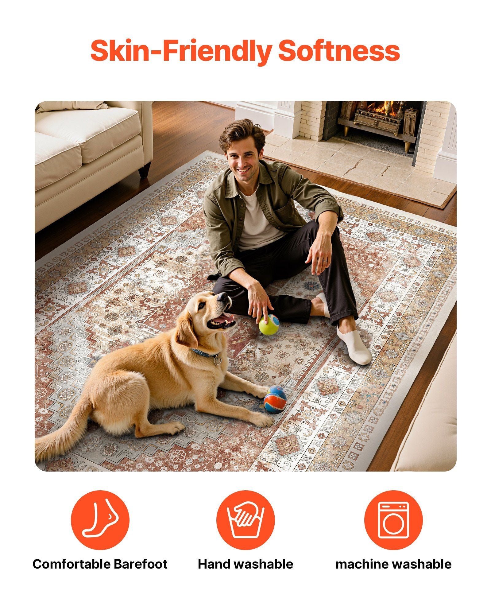 Area Rug, 2438.4 x 3048 mm Large Washable Rug, Non-Slip and Tear-Resistant Soft Carpet, Pet & Child Friendly Vintage Area Rugs, Indoor Mat for Bedroom, Living Room, Kids Room, Office, Brown Red