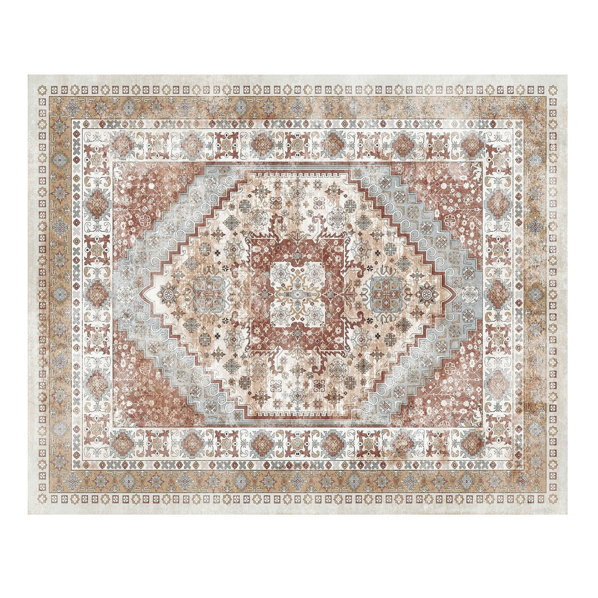 Area Rug, 2438.4 x 3048 mm Large Washable Rug, Non-Slip and Tear-Resistant Soft Carpet, Pet & Child Friendly Vintage Area Rugs, Indoor Mat for Bedroom, Living Room, Kids Room, Office, Brown Red