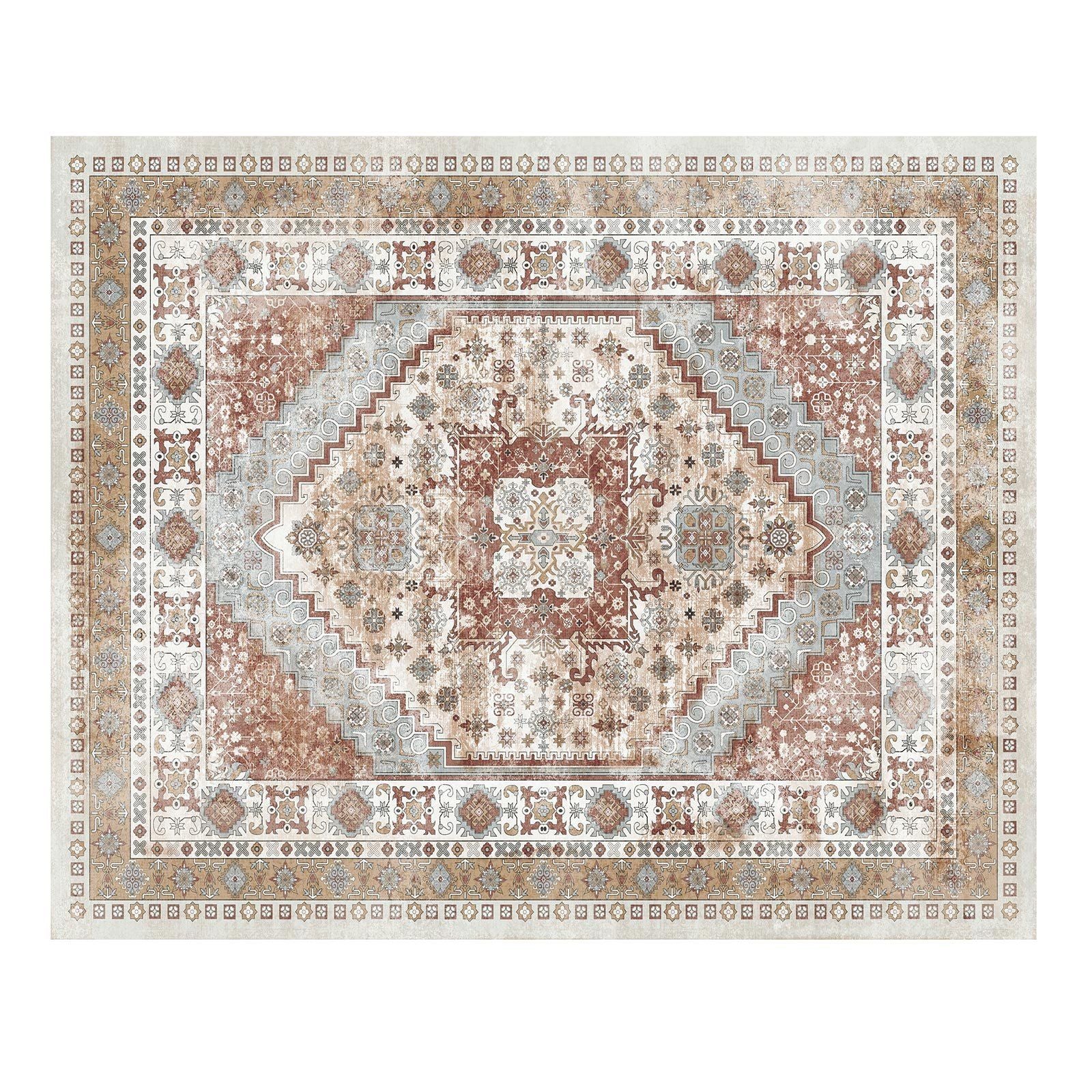 Area Rug, 2438.4 x 3048 mm Large Washable Rug, Non-Slip and Tear-Resistant Soft Carpet, Pet & Child Friendly Vintage Area Rugs, Indoor Mat for Bedroom, Living Room, Kids Room, Office, Brown Red