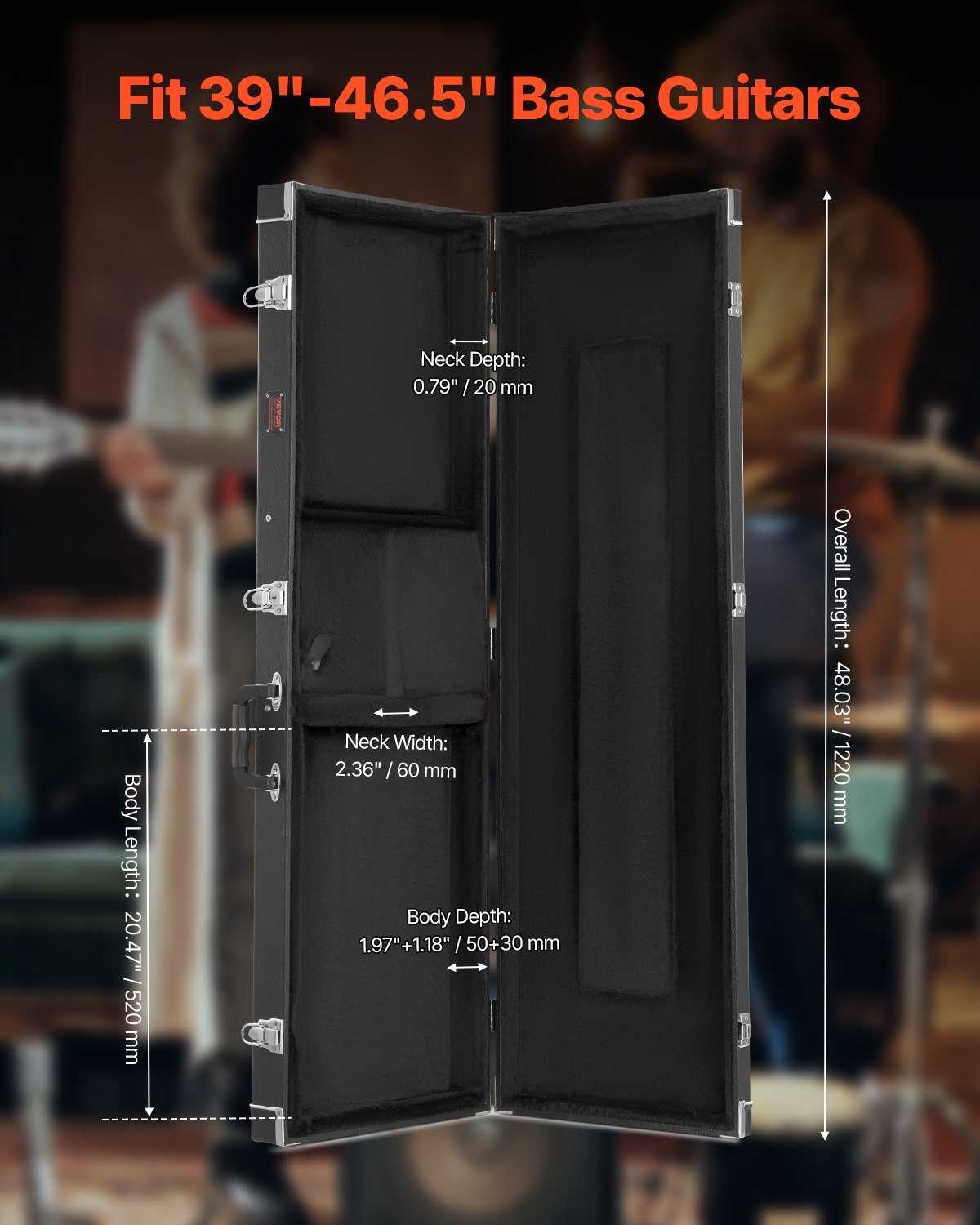 VEVOR Bass Guitar Hard Case, 1220 mm Rectangular Guitar Hard Case, With Lock Latch Keys Handle, PVC Padding Soft Lining Water-Resistant Hard Shell Guitar Case, for 990-1180 mm Bass Guitars, Black