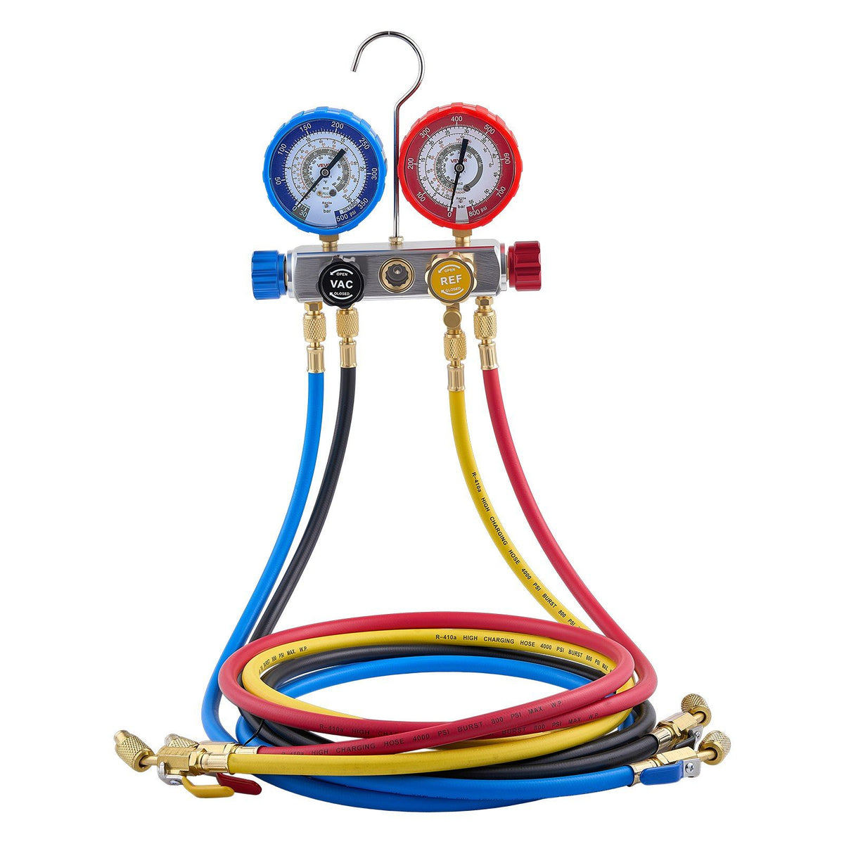 AC Manifold Gauge Set for R22 R404A R410A R12 Refrigerants, 4 Way AC Gauges with 1.5 m Hoses for Automotive &amp; Household Air Conditioning Maintenance, Evacuation Vacuuming Charging and Recovery