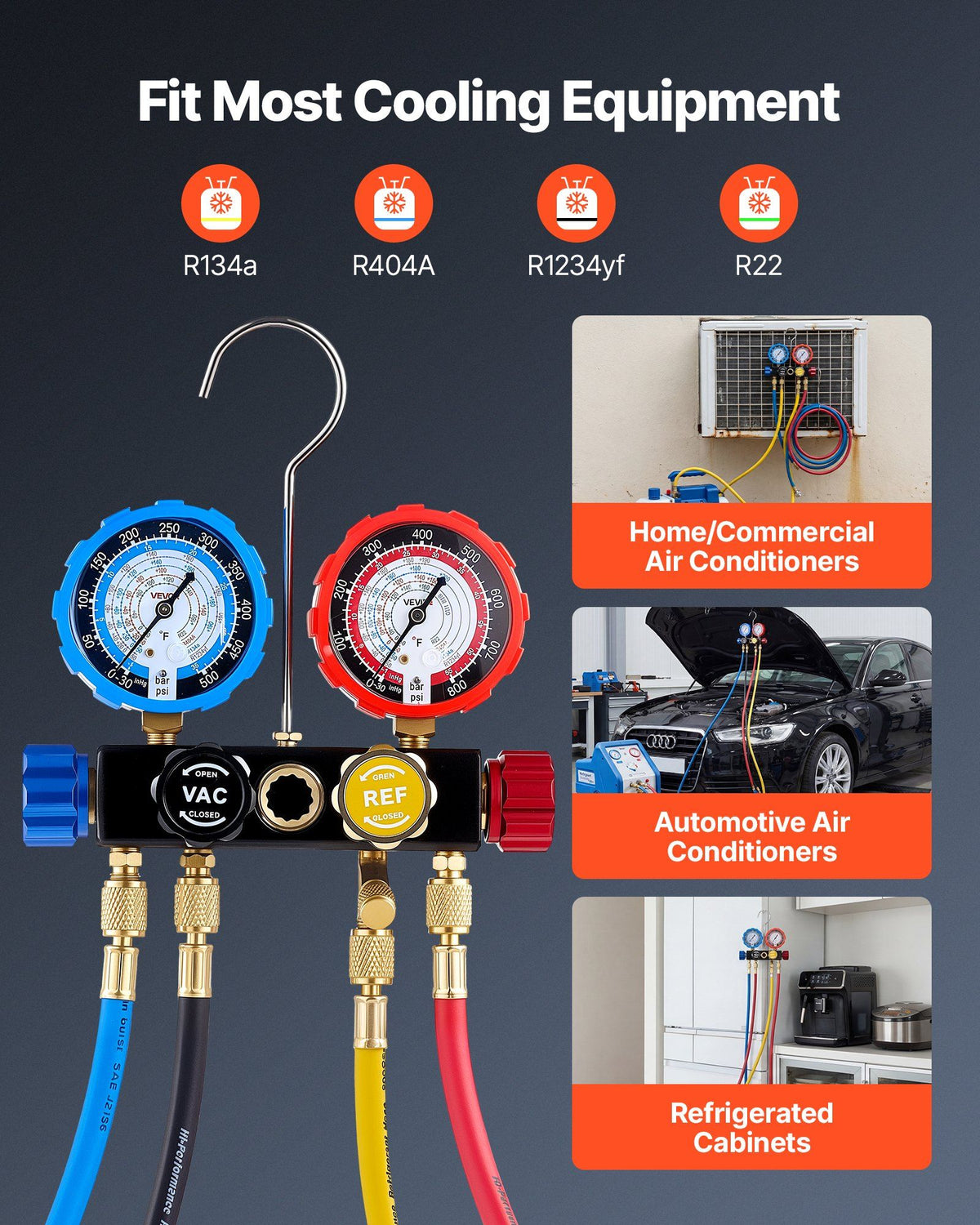 AC Manifold Gauge Set for R134a R404A R1234yf R22 Refrigerant, 4 Way AC Gauge with 1.5m Hoses, Adapters, Quick Couplers, Can Taps for Automotive Air Conditioning Maintenance, Charging Evacuation