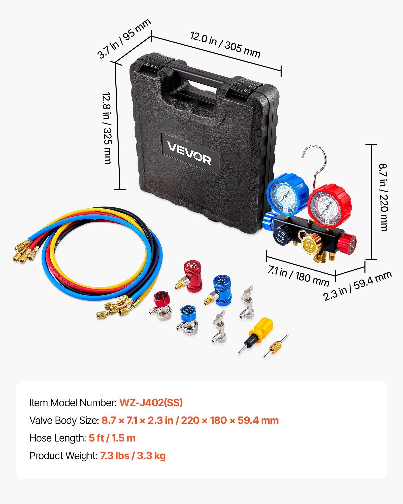 AC Manifold Gauge Set for R134a R404A R1234yf R22 Refrigerant, 4 Way AC Gauge with 1.5m Hoses, Adapters, Quick Couplers, Can Taps for Automotive Air Conditioning Maintenance, Charging Evacuation