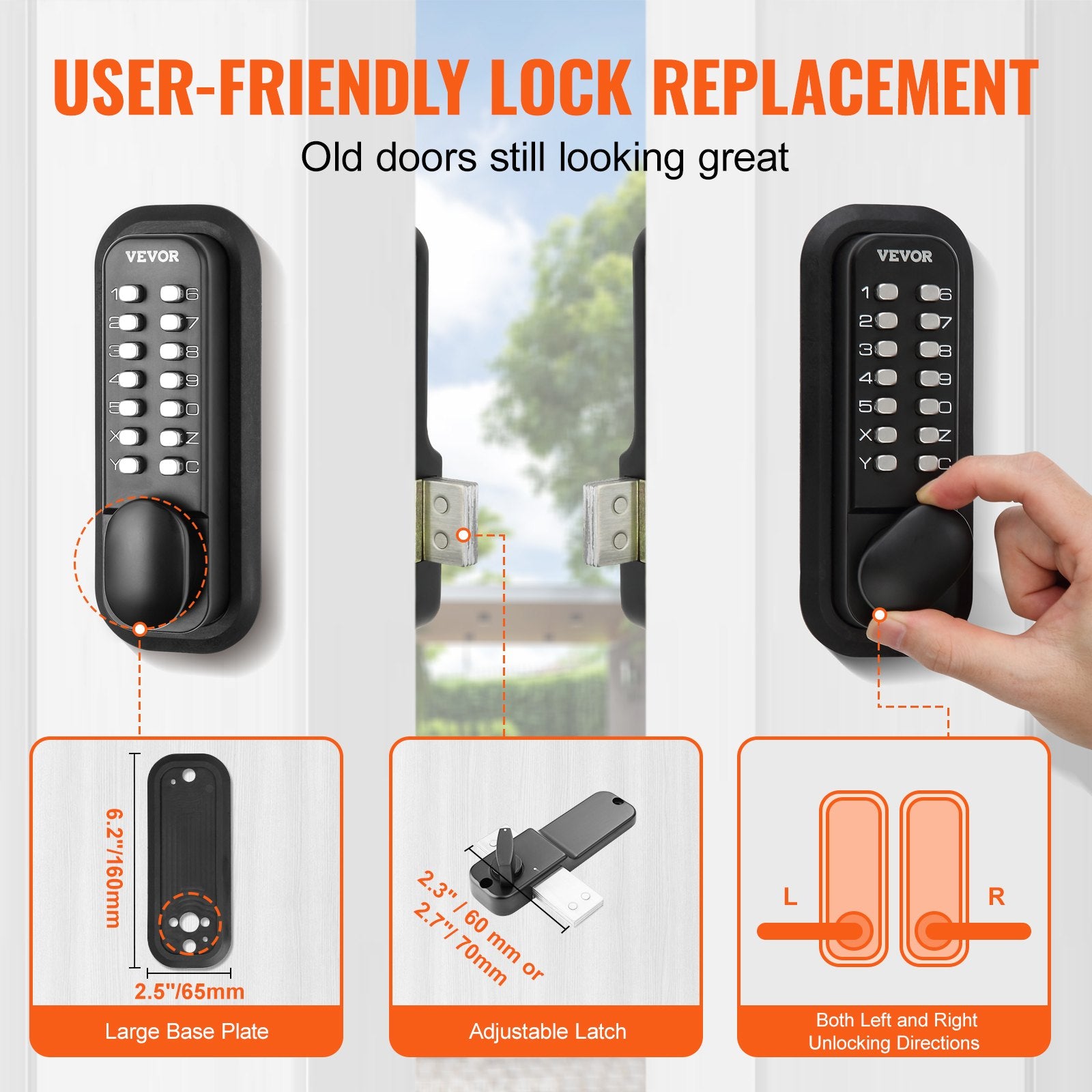 VEVOR Mechanical Keyless Entry Door Lock, 14 Digit Keypad, Water-proof Zinc Alloy, Outdoor Gate Door Locks Set with Surface-mounted Latch, Keypad and Knob, Easy to Install, for Garden, Garage, Yard