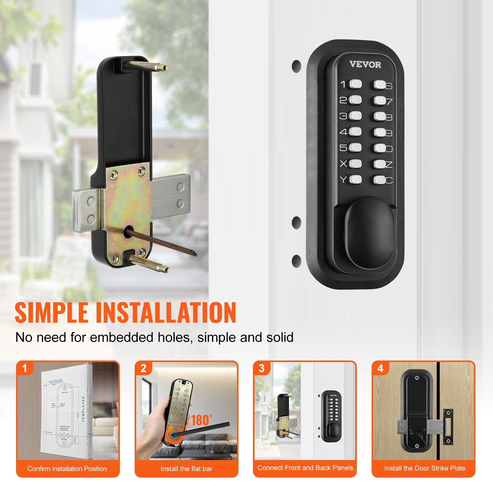 VEVOR Mechanical Keyless Entry Door Lock, 14 Digit Keypad, Water-proof Zinc Alloy, Outdoor Gate Door Locks Set with Surface-mounted Latch, Keypad and Knob, Easy to Install, for Garden, Garage, Yard