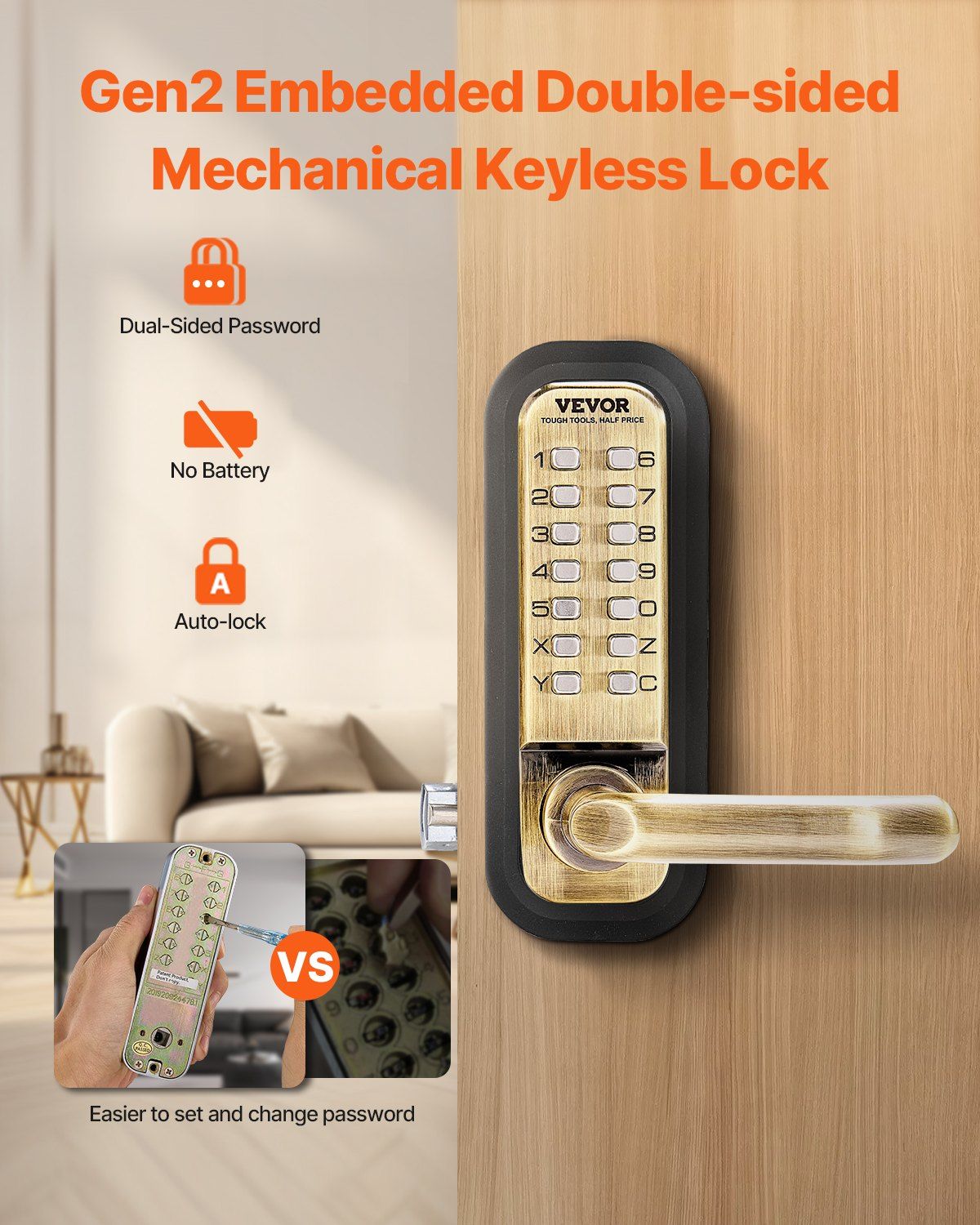 Mechanical Keyless Entry Door Lock, 14 Key Mechanical Door Lock, Mechanical Keypad Door Lock with Handle, Double-Sided Stainless Steel Waterproof Keyless Gate Lock, for Home Office Fence Garage