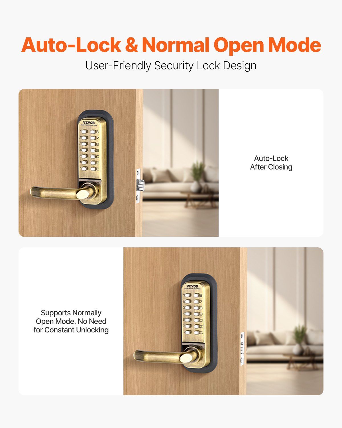 Mechanical Keyless Entry Door Lock, 14 Key Mechanical Door Lock, Mechanical Keypad Door Lock with Handle, Double-Sided Stainless Steel Waterproof Keyless Gate Lock, for Home Office Fence Garage