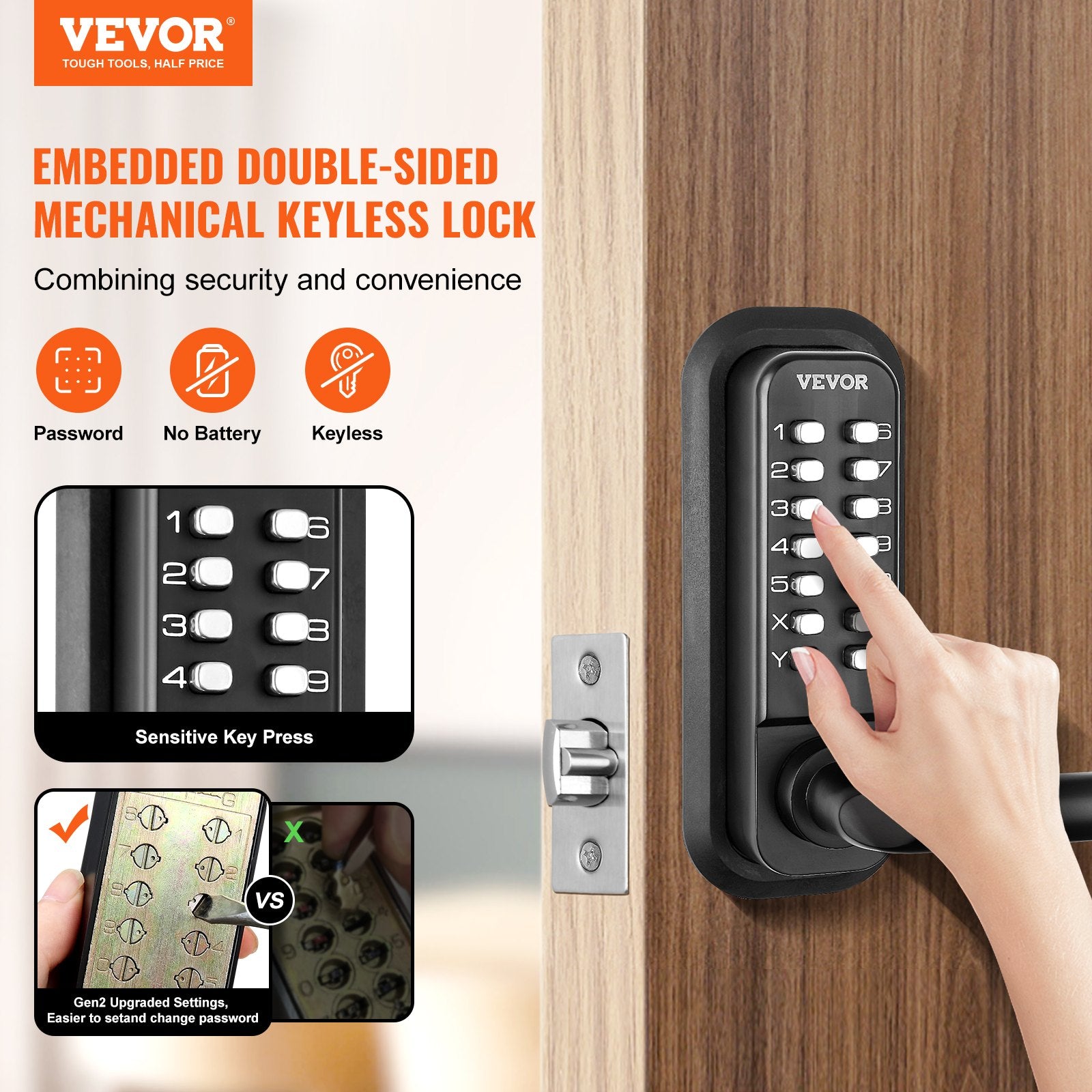 VEVOR Mechanical Keyless Entry Door Lock, 14 Digit Keypad, Water-proof Zinc Alloy, Double-sided Embedded Outdoor Gate Door Locks Set with Keypad and Handle, Easy to Install, for Garden, Garage, Yard