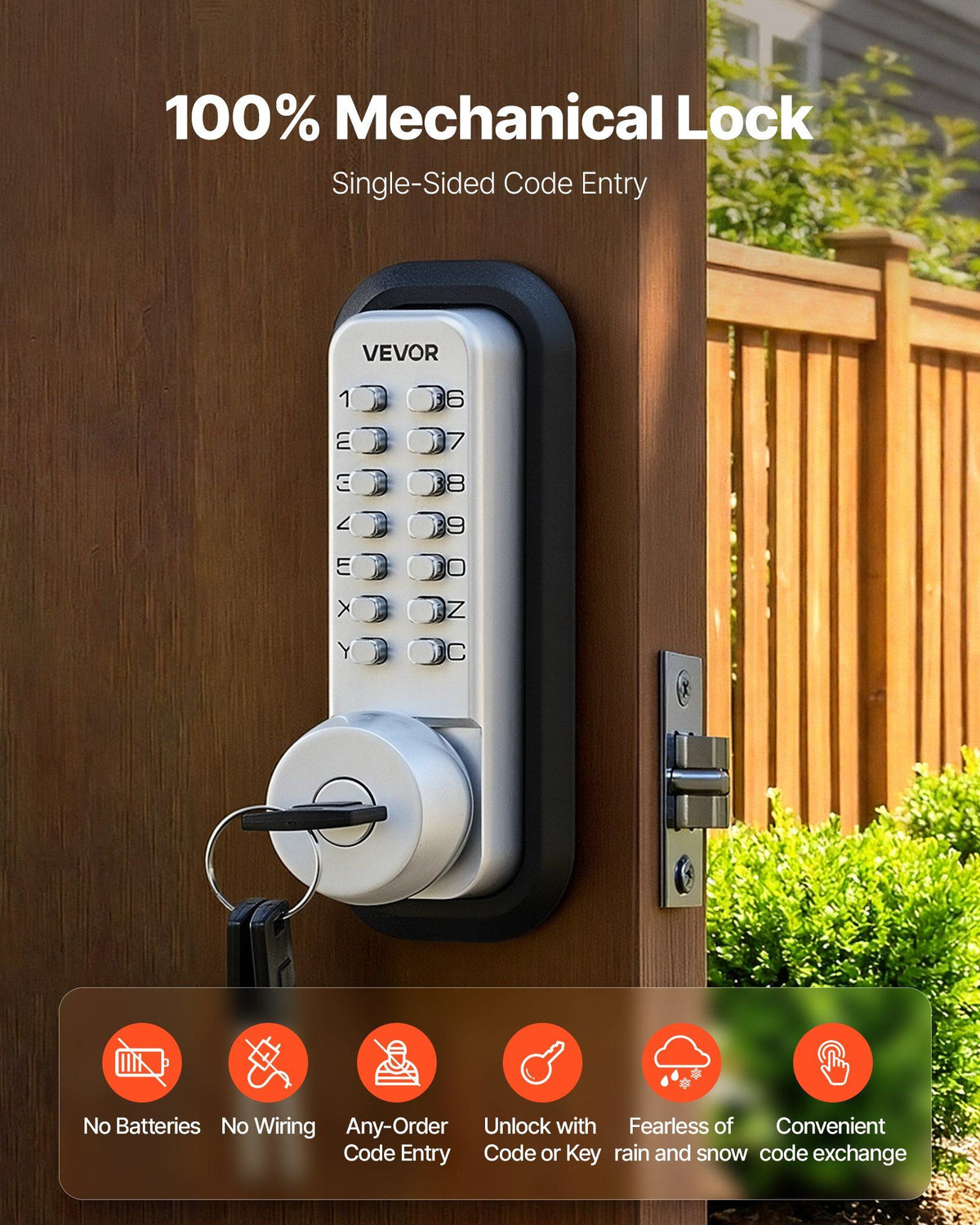Mechanical Keyless Entry Door Lock, 2.0 Code Upgrade, 4-7 Digits Code, Single-Sided Push Button Combination Mechanical Keypad Door Knob, Auto Locking, for Garden Gates, Indoor or Outdoor, Silver