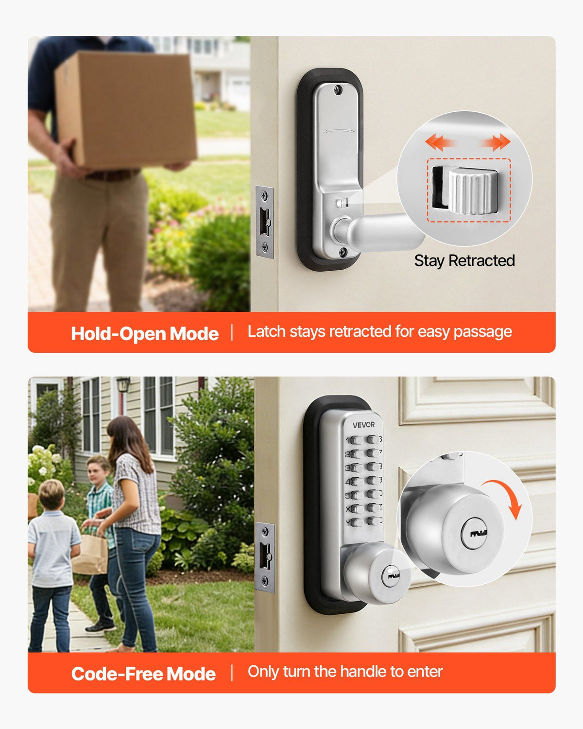 Mechanical Keyless Entry Door Lock, 2.0 Code Upgrade, 4-7 Digits Code, Single-Sided Push Button Combination Mechanical Keypad Door Knob, Auto Locking, for Garden Gates, Indoor or Outdoor, Silver