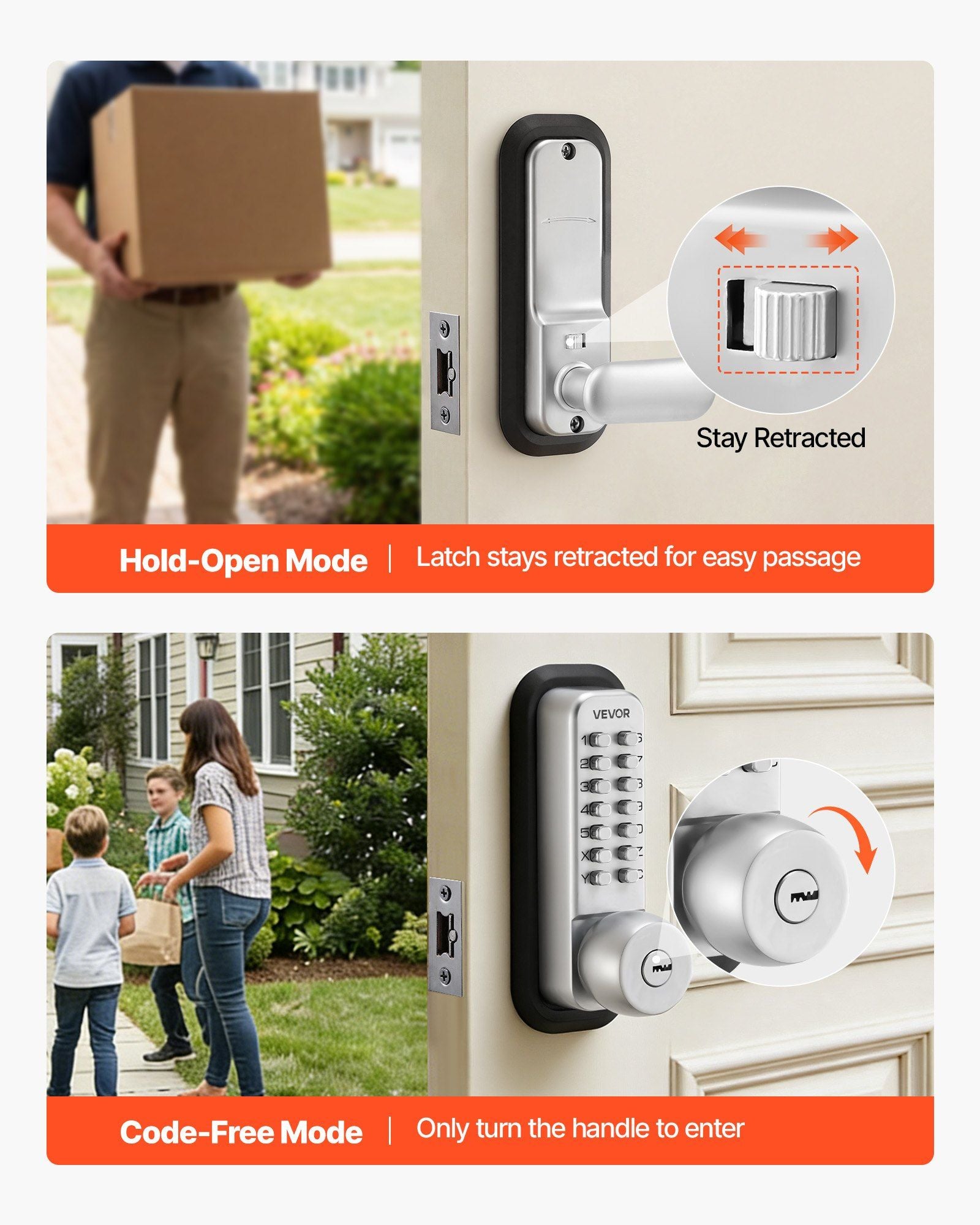 Mechanical Keyless Entry Door Lock, 2.0 Code Upgrade, 4-7 Digits Code, Single-Sided Push Button Combination Mechanical Keypad Door Knob, Auto Locking, for Garden Gates, Indoor or Outdoor, Silver