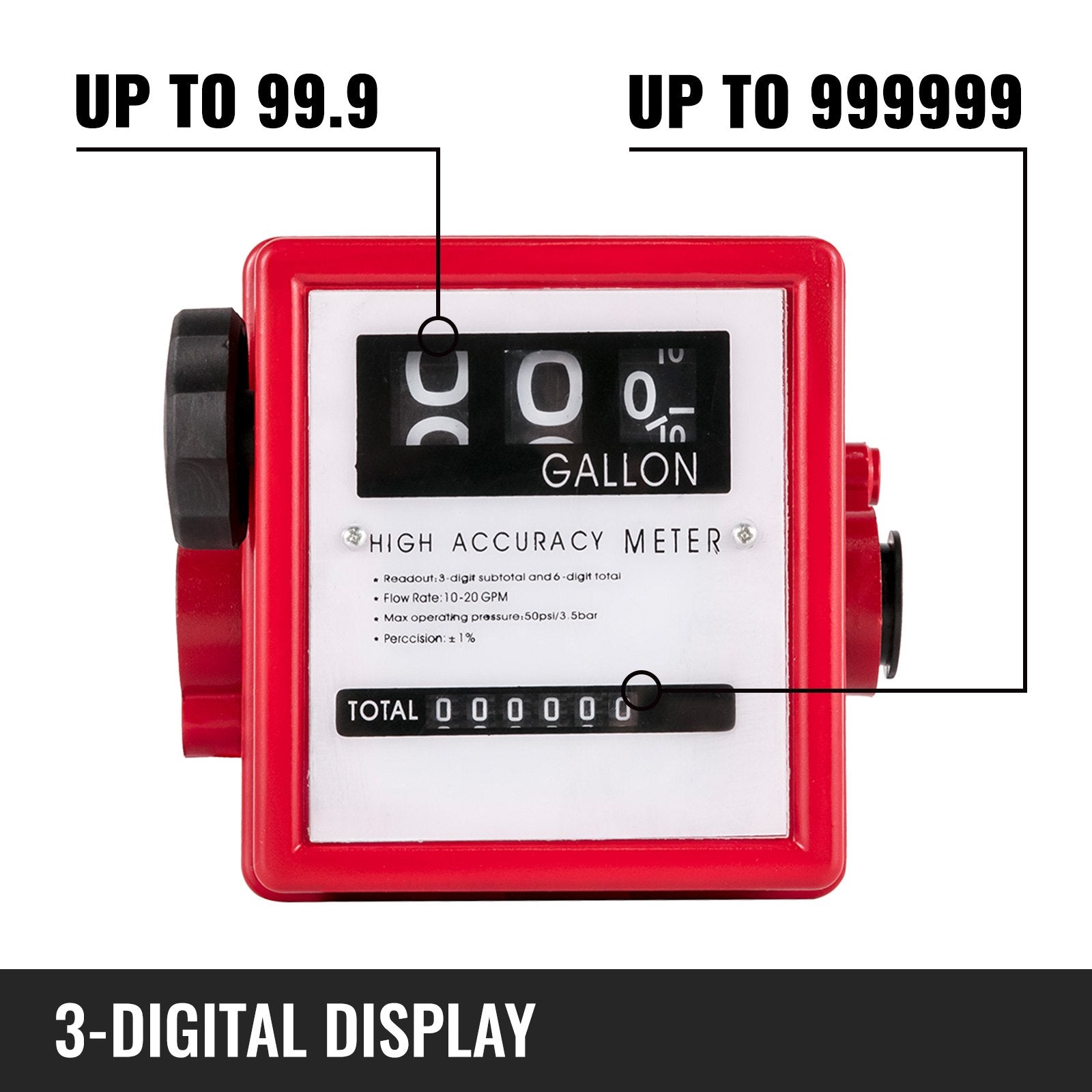 VEVOR Mechanical Fuel Meter 20 GPM Fuel Flow Meter 3-Digital Batch Display Fuel Transfer Meter 2.54 cm Diesel Fuel Flow Meter All Fuel Transfer Pumps Gasoline Flow Meter