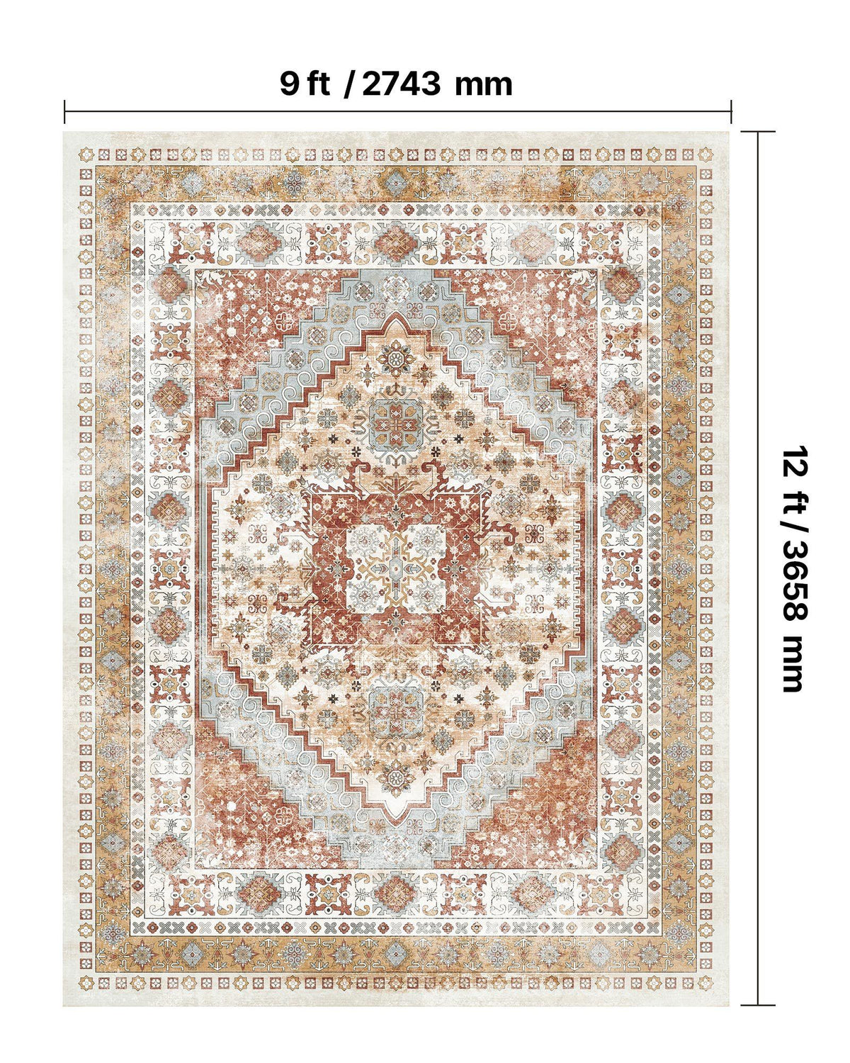 Area Rug, 2743.2 x 3658 mm Large Washable Rug, Non-Slip and Tear-Resistant Soft Carpet, Pet & Child Friendly Vintage Area Rugs, Indoor Mat for Bedroom, Living Room, Kids Room, Office, Brown Red
