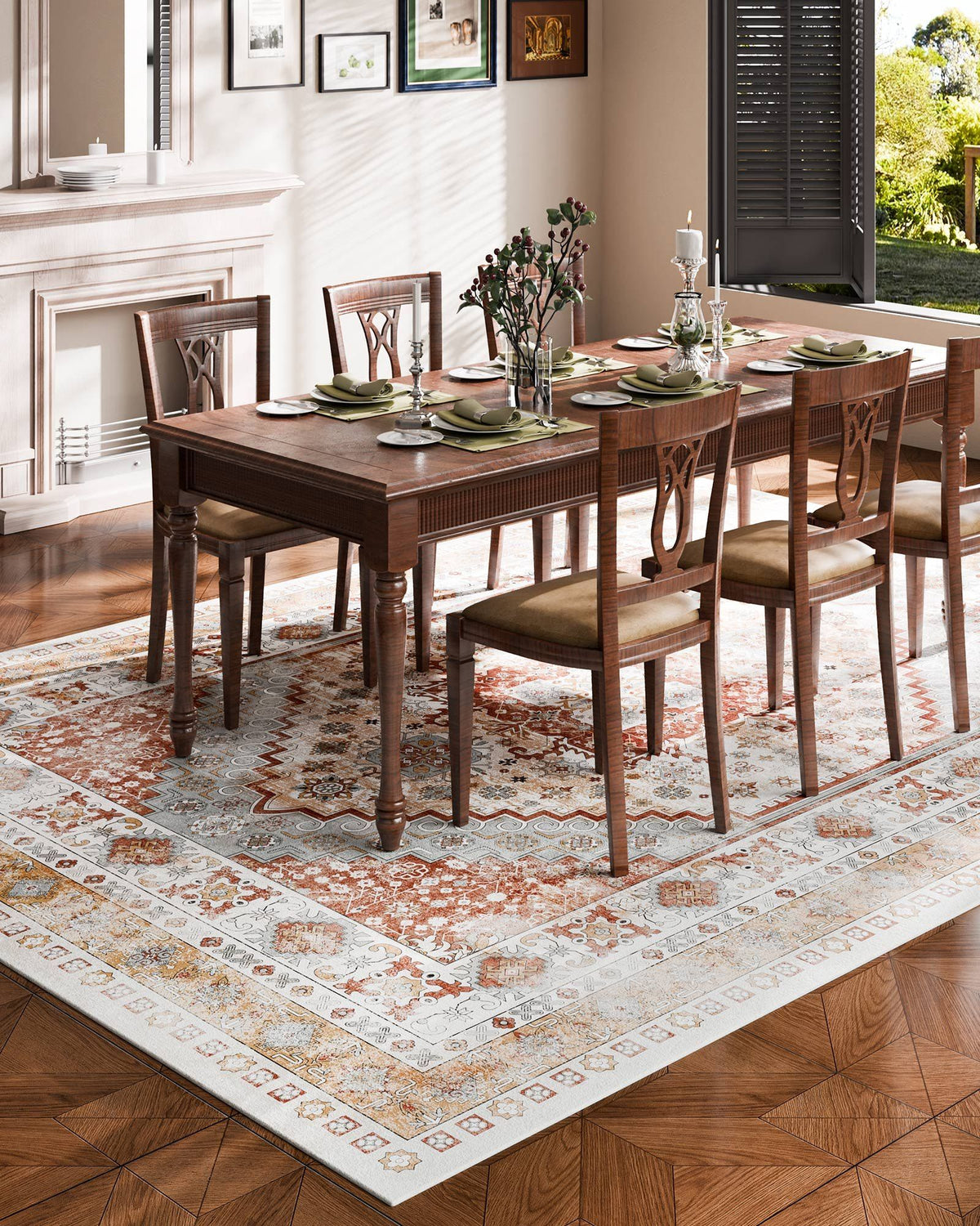 Area Rug, 2743.2 x 3658 mm Large Washable Rug, Non-Slip and Tear-Resistant Soft Carpet, Pet & Child Friendly Vintage Area Rugs, Indoor Mat for Bedroom, Living Room, Kids Room, Office, Brown Red