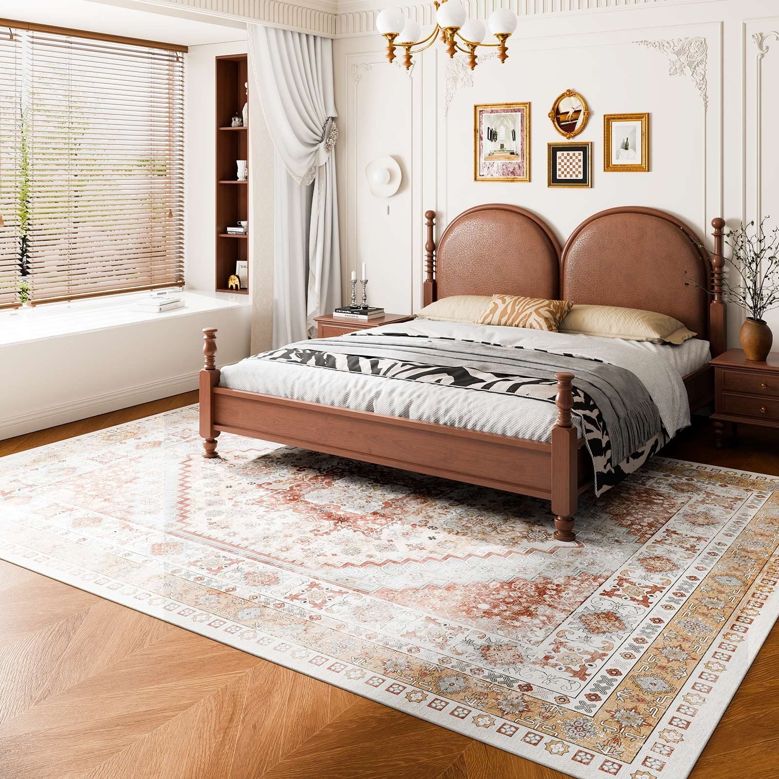 Area Rug, 2743.2 x 3658 mm Large Washable Rug, Non-Slip and Tear-Resistant Soft Carpet, Pet & Child Friendly Vintage Area Rugs, Indoor Mat for Bedroom, Living Room, Kids Room, Office, Brown Red