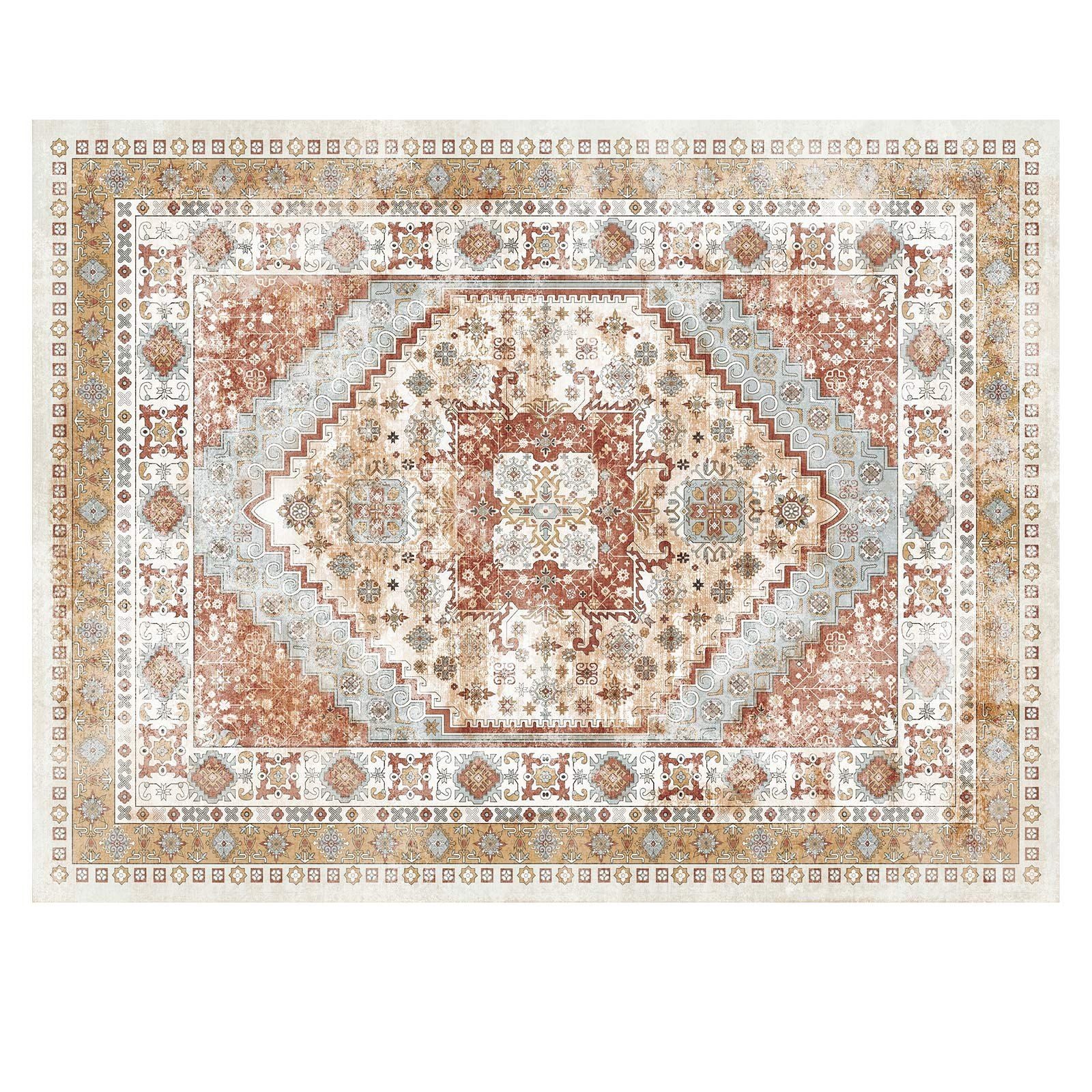 Area Rug, 2743.2 x 3658 mm Large Washable Rug, Non-Slip and Tear-Resistant Soft Carpet, Pet & Child Friendly Vintage Area Rugs, Indoor Mat for Bedroom, Living Room, Kids Room, Office, Brown Red