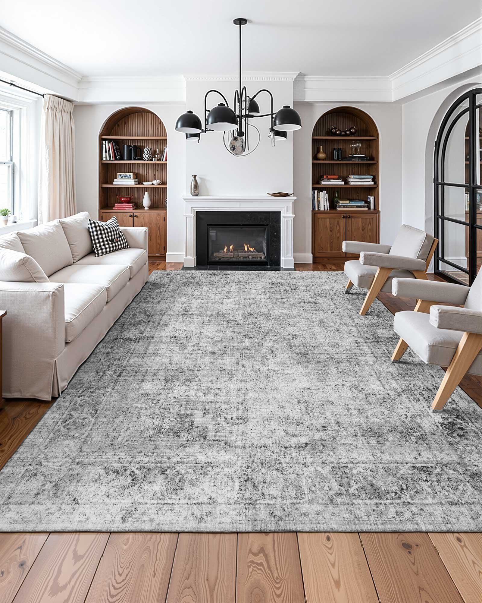 Area Rug, 2743.2 x 3658 mm Large Washable Boho Rug, Non-Slip and Tear-Resistant Soft Carpet, Pet & Child Friendly Bohemian Area Rugs, Indoor Mat for Bedroom, Living Room, Kids Room, Office, Gray