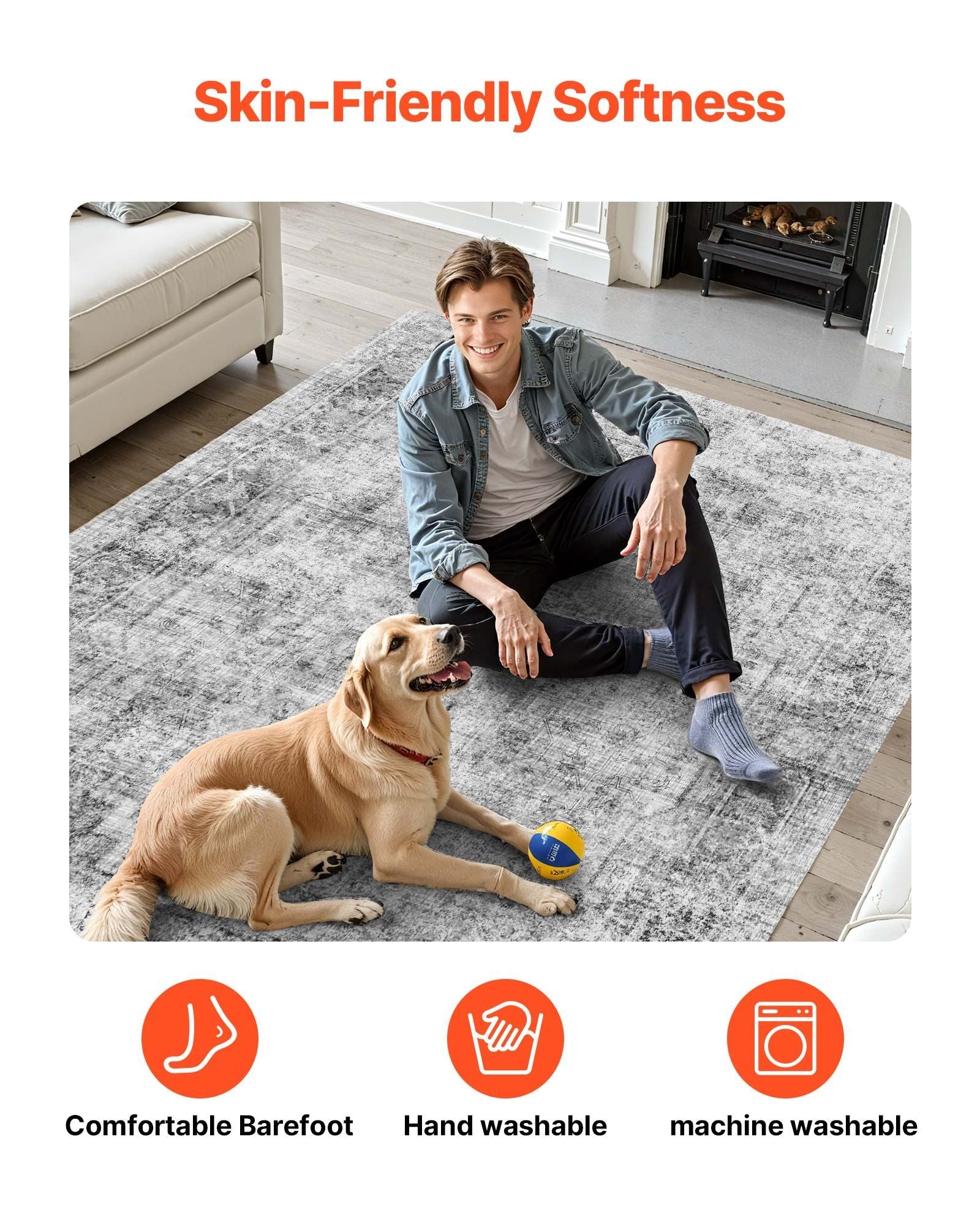 Area Rug, 2743.2 x 3658 mm Large Washable Boho Rug, Non-Slip and Tear-Resistant Soft Carpet, Pet & Child Friendly Bohemian Area Rugs, Indoor Mat for Bedroom, Living Room, Kids Room, Office, Gray