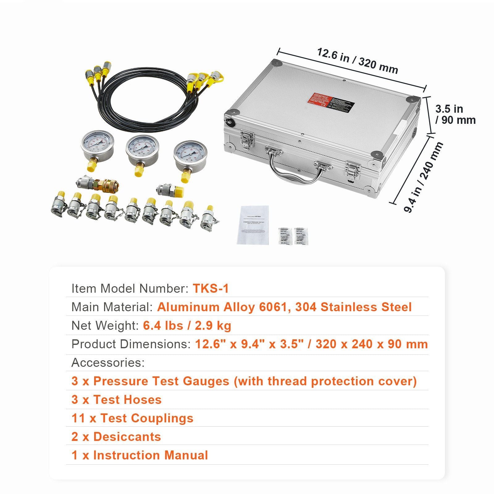 Hydraulic Pressure Test Kit, 250/400/600bar, 3 Gauges 11 Test Couplings 3 Test Hoses, Excavator Hydraulic Test Gauge Set with Portable Carrying Case for Excavator Tractors Construction Machinery