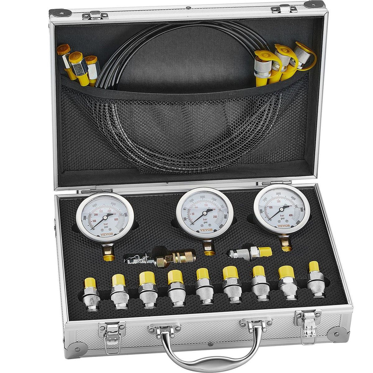 Hydraulic Pressure Test Kit, 250/400/600bar, 3 Gauges 11 Test Couplings 3 Test Hoses, Excavator Hydraulic Test Gauge Set with Portable Carrying Case for Excavator Tractors Construction Machinery