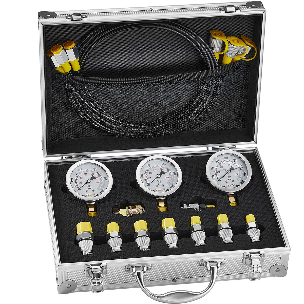 VEVOR Hydraulic Pressure Test Kit, 250/400/600bar, 3 Gauges 9 Test Couplings 3 Test Hoses, Excavator Hydraulic Test Gauge Set with Portable Carrying Case for Excavator Tractors Construction Machinery