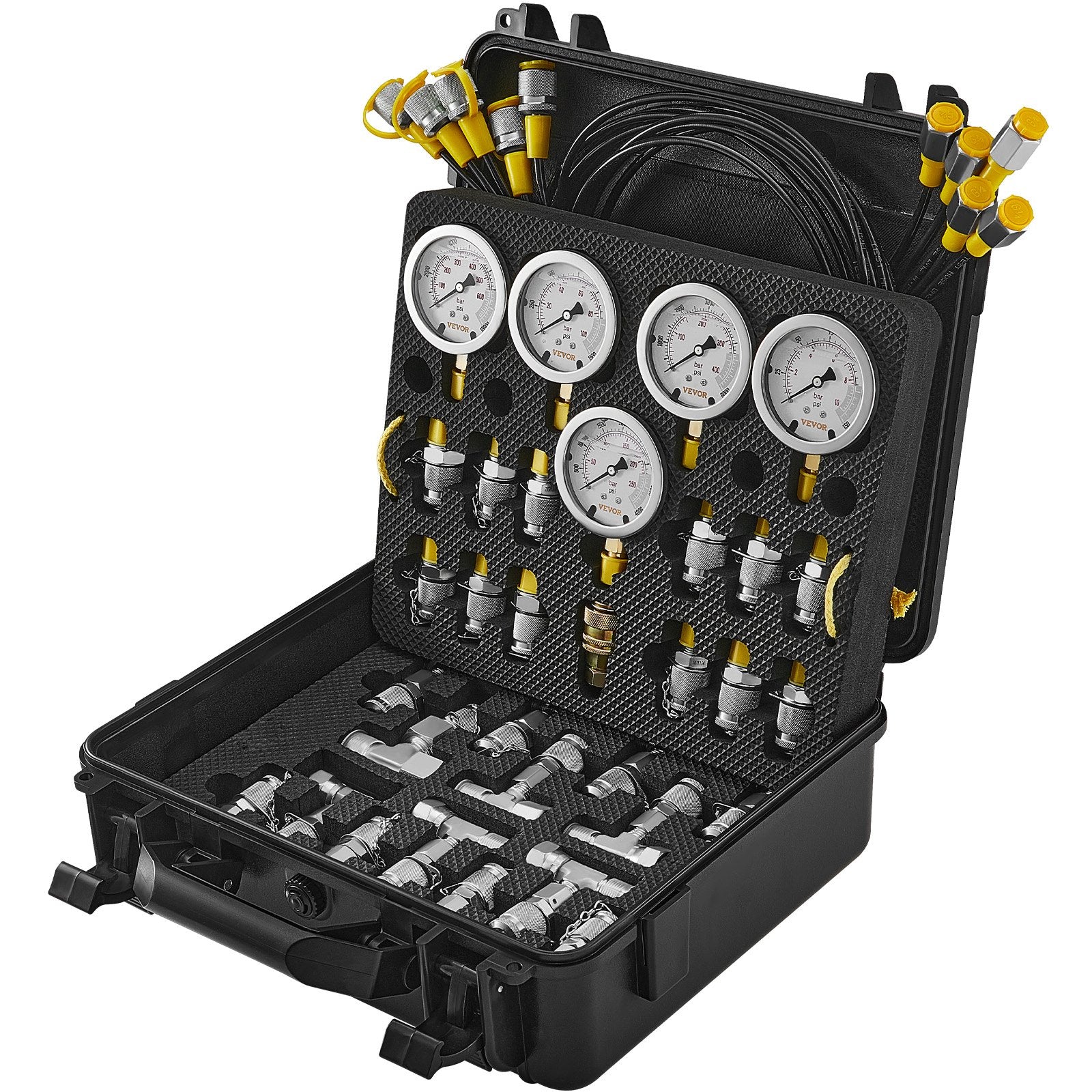 VEVOR Hydraulic Pressure Test Kit, 10/100/250/400/600bar, 5 Gauges 13 Couplings 14 Tee Connectors 5 Test Hoses, Excavator Hydraulic Test Gauge Set with Carrying Case for Excavator Tractors Machinery