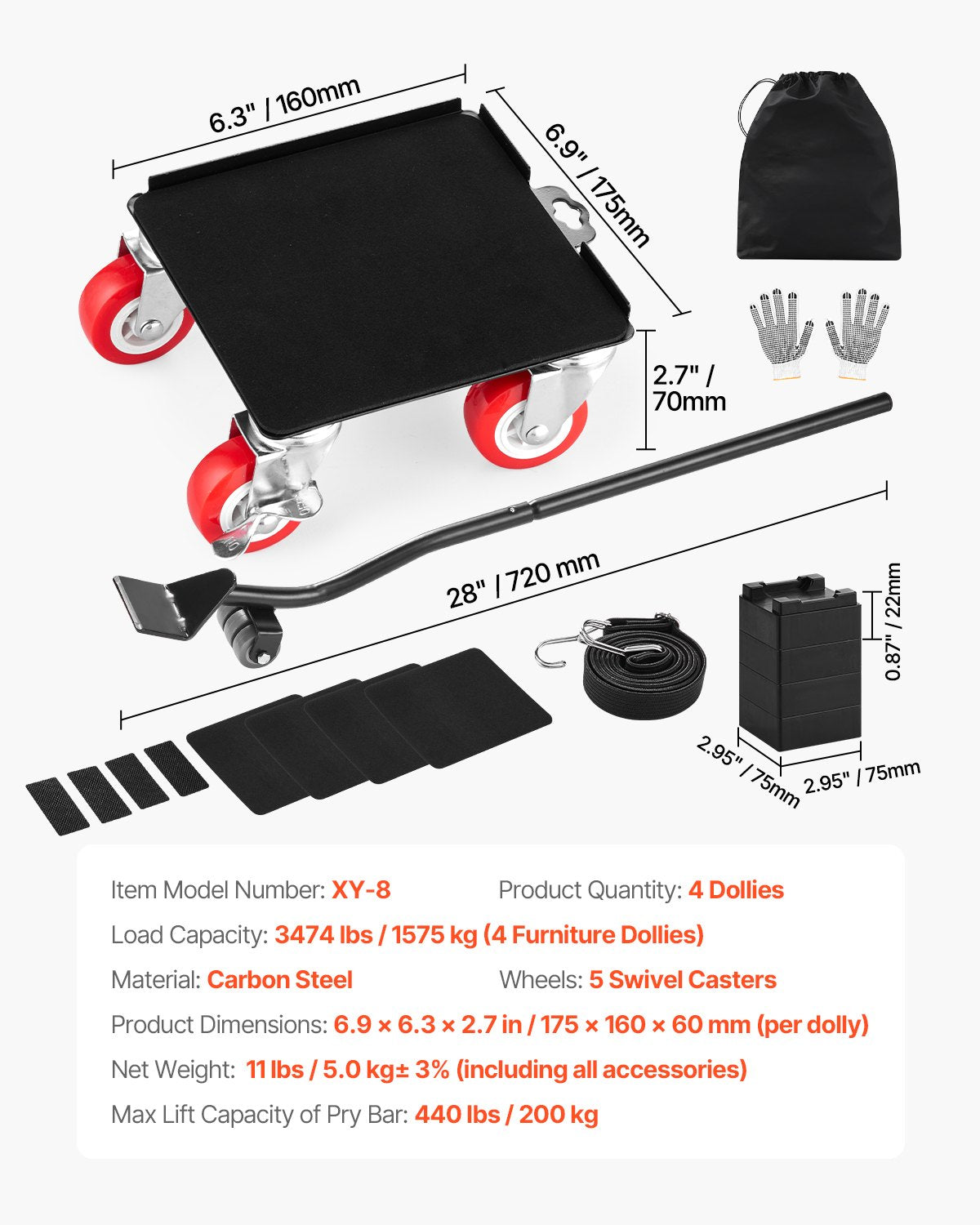 VEVOR Furniture Dolly Heavy Duty Furniture Mover with 5 Wheels 1575 kg Capacity