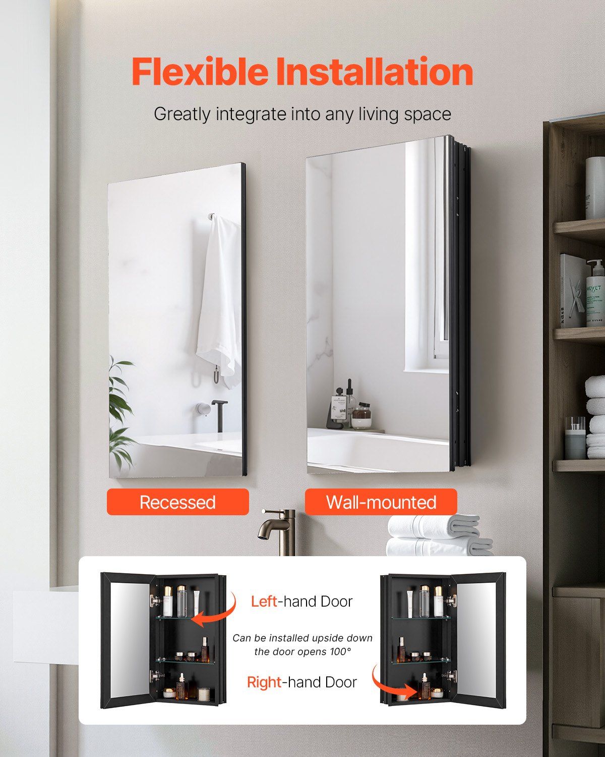 Medicine Cabinet, 14 x 24 inches, Medicine Cabinet for Bathroom with Mirror,  Aluminum Frame Bathroom Wall Cabinet, 2-layer Adjustable Shelves, Recessed & Wall-mounted Installation