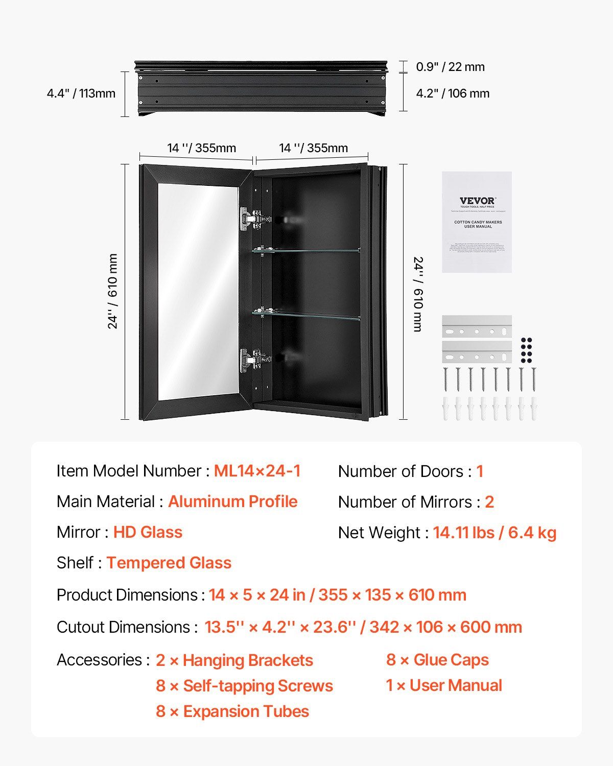 Medicine Cabinet, 14 x 24 inches, Medicine Cabinet for Bathroom with Mirror,  Aluminum Frame Bathroom Wall Cabinet, 2-layer Adjustable Shelves, Recessed & Wall-mounted Installation