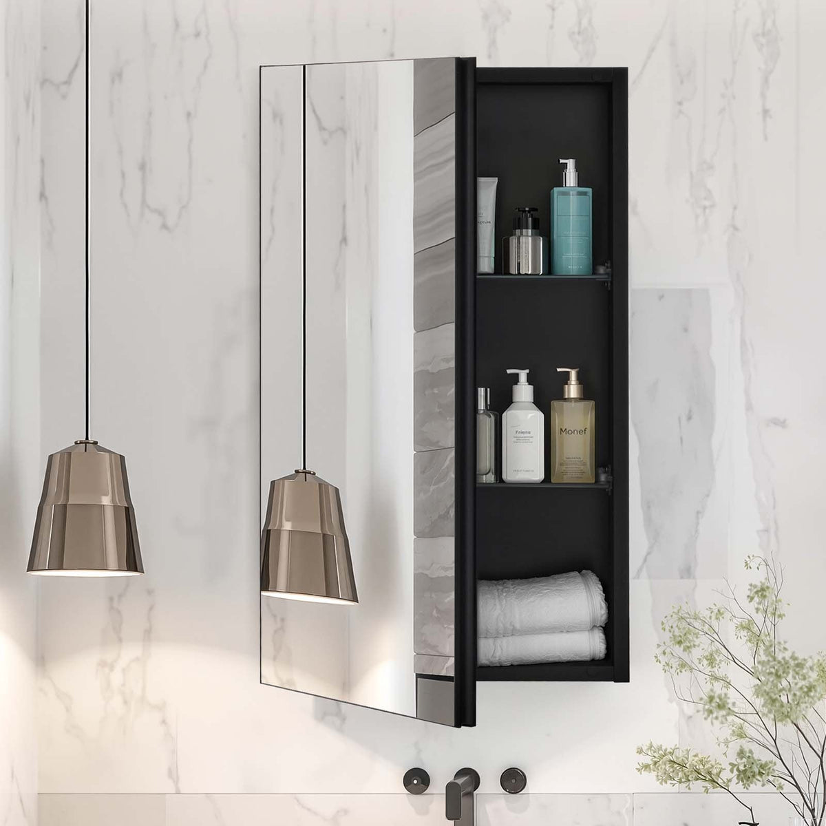 Medicine Cabinet, 14 x 24 inches, Medicine Cabinet for Bathroom with Mirror,  Aluminum Frame Bathroom Wall Cabinet, 2-layer Adjustable Shelves, Recessed & Wall-mounted Installation
