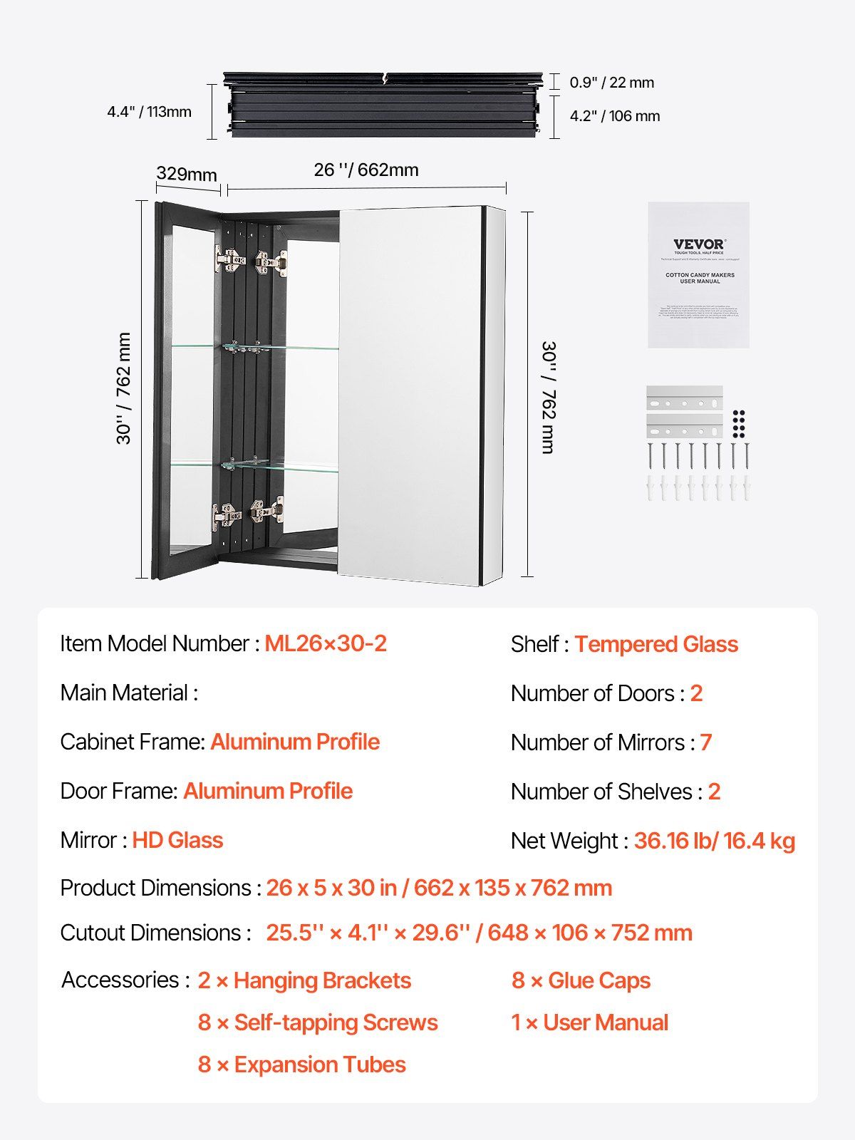 Medicine Cabinet, 26 x 30 inch, Medicine Cabinet for Bathroom with Mirror,  Aluminum Frame Bathroom Wall Cabinet, 2-layer Adjustable Shelves, Recessed & Wall-mounted Installation