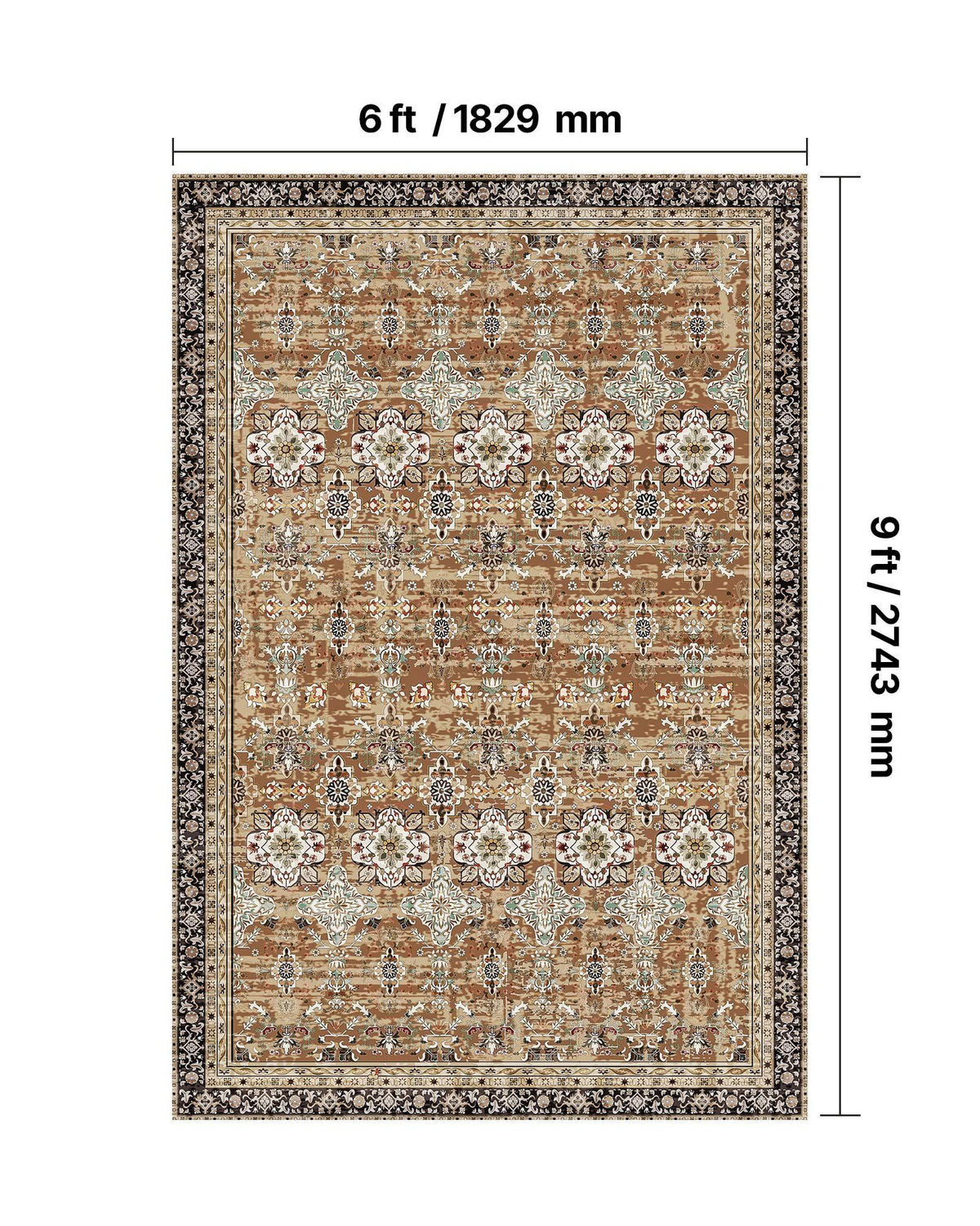 Area Rug, 1828.8x2743.2mm Large Washable Rug, Non-Slip Tear-Resistant Soft Carpet, Pet & Child Friendly Vintage Area Rugs, Indoor Mat for Bedroom, Living Room, Kids Room, Entryway, Brown Green