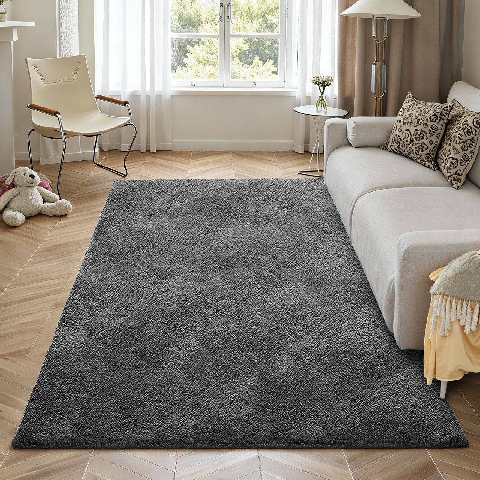 Indoor Plush Area Rugs, 1.52 x 2.44 m Soft Plush Carpet, Furry Shag Area Rugs for Living Room, Bedroom, Sunroom, Modern Home Decor Aesthetic, Non-Shedding, Non-Woven, Slip-Resistant, Dark Gray
