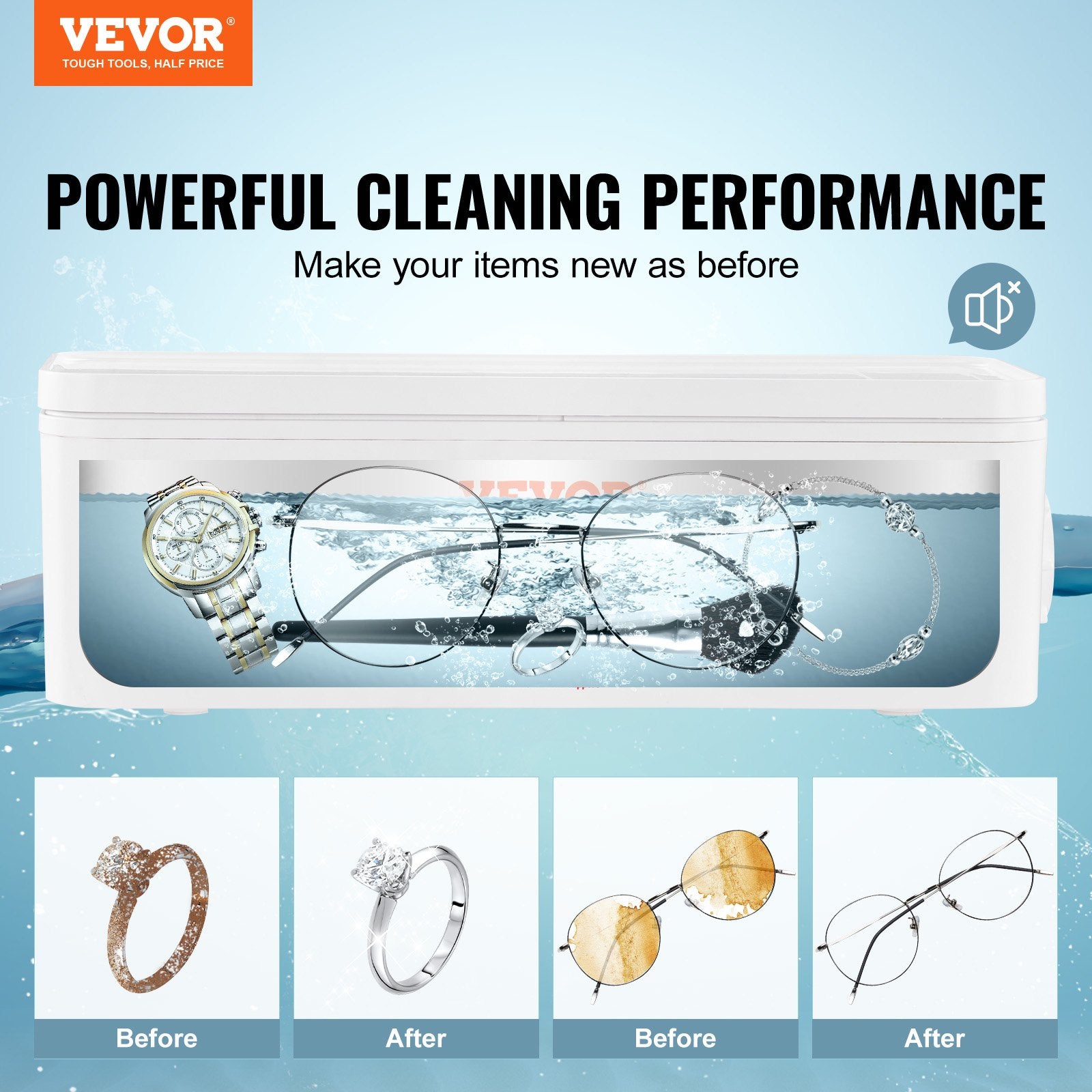 VEVOR Jewelry Cleaner Ultrasonic Machine, Ultrasonic Cleaner Machine 16oz (470ml) with 4 Timer Modes, Portable ultrasonic jewelry cleaner with Cleaning Basket for Eyeglasses, Watches, Dentures, Rings