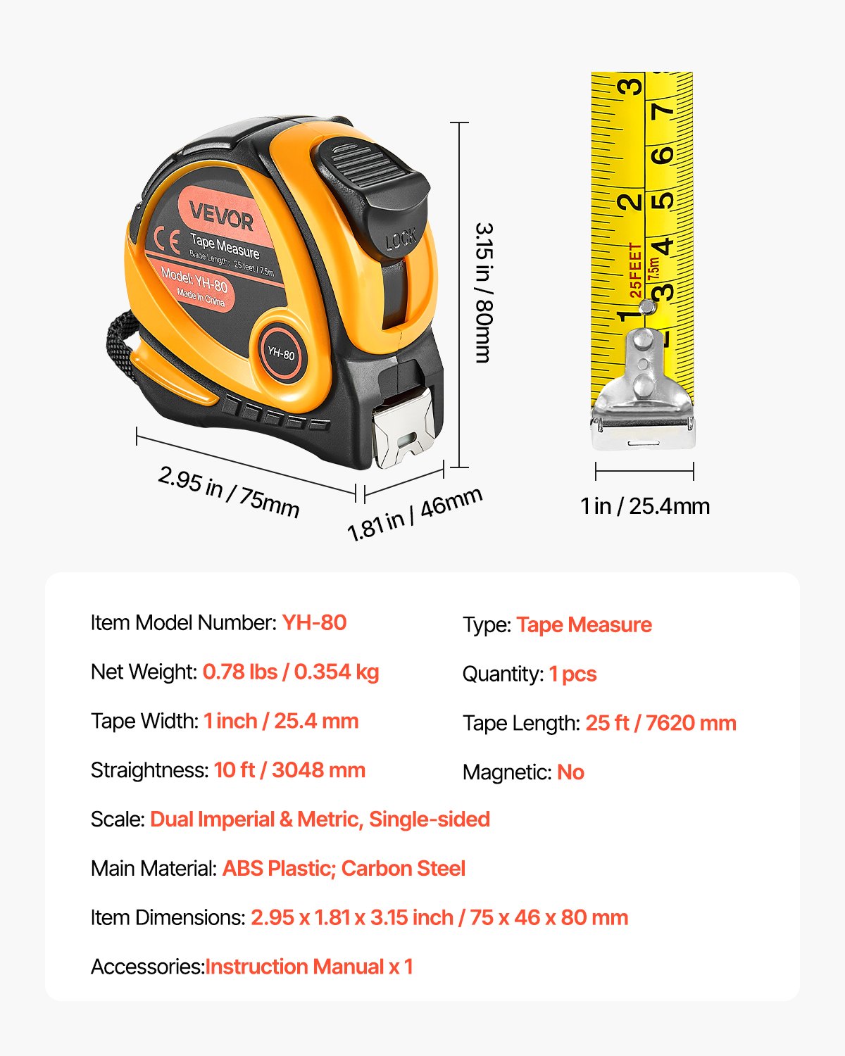 VEVOR Tape Measure 7620mm Retractable Imperial Metric for Decoration