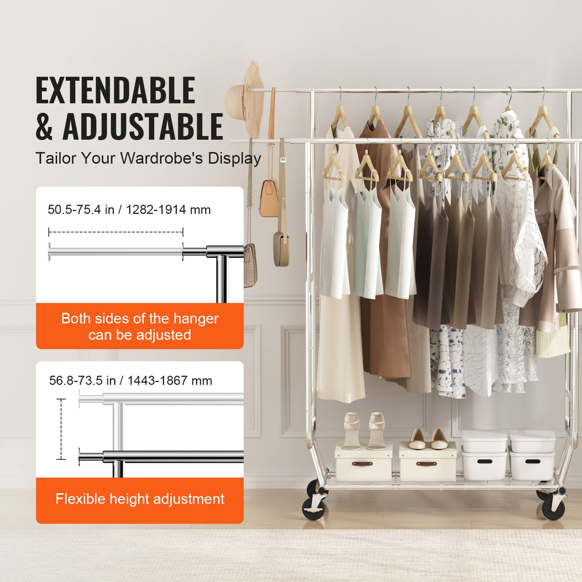 VEVOR Heavy Duty Clothes Rack, Double Hanging Rod Clothing Garment Rack for Hanging Clothes, Adjustable Height and Extendable Length Clothing Rack with Bottom Storage Area, 272 KG Load Capacity