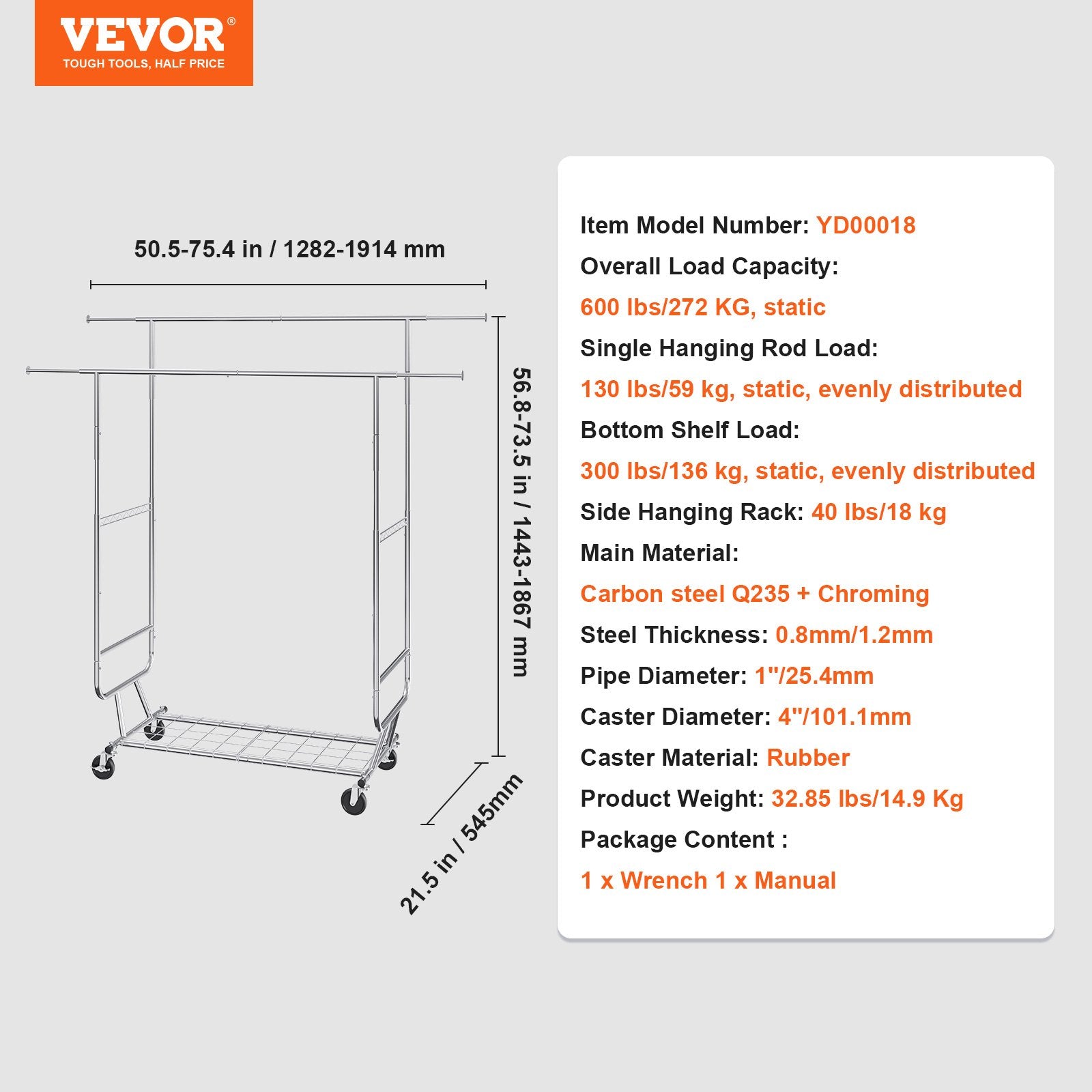 VEVOR Heavy Duty Clothes Rack, Double Hanging Rod Clothing Garment Rack for Hanging Clothes, Adjustable Height and Extendable Length Clothing Rack with Bottom Storage Area, 272 KG Load Capacity