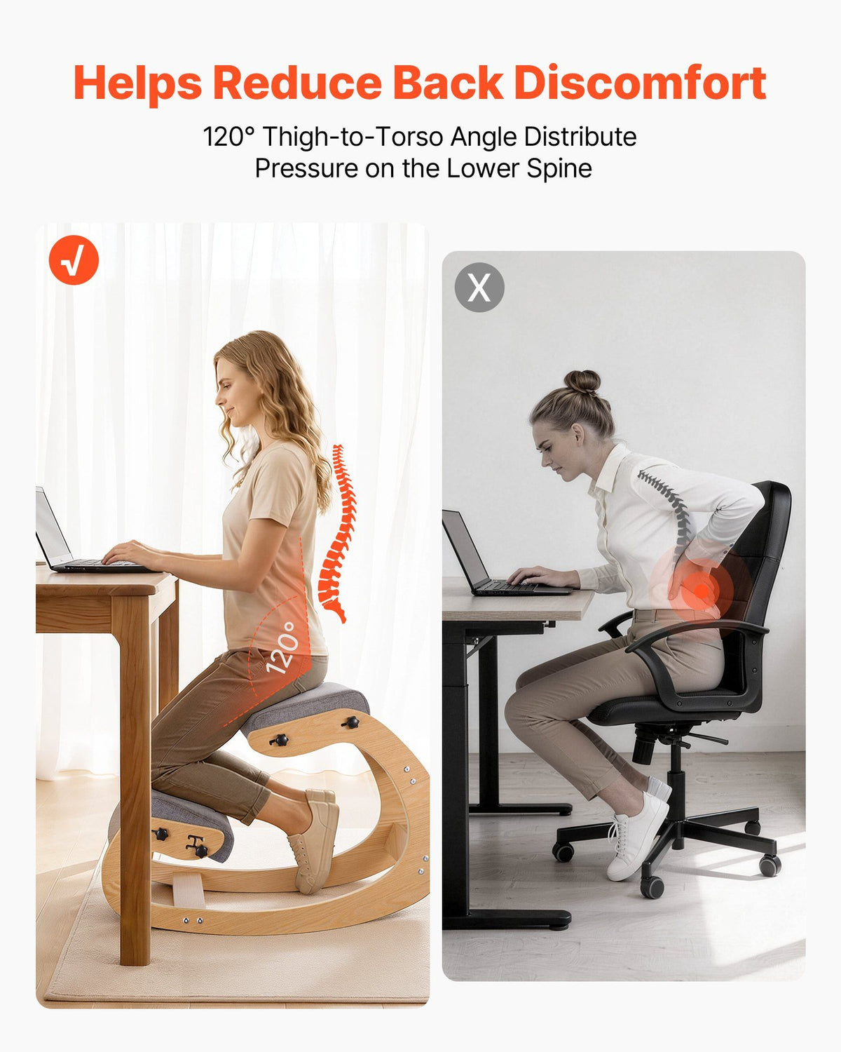 Ergonomic Kneeling Chair, Wooden Posture Knee Chair with Adjustable Thick Foam Cushions & Solid Wood Frame, Adjustable Height, Relief for Neck or Back Pain for Home, Office or Meditation, Gray