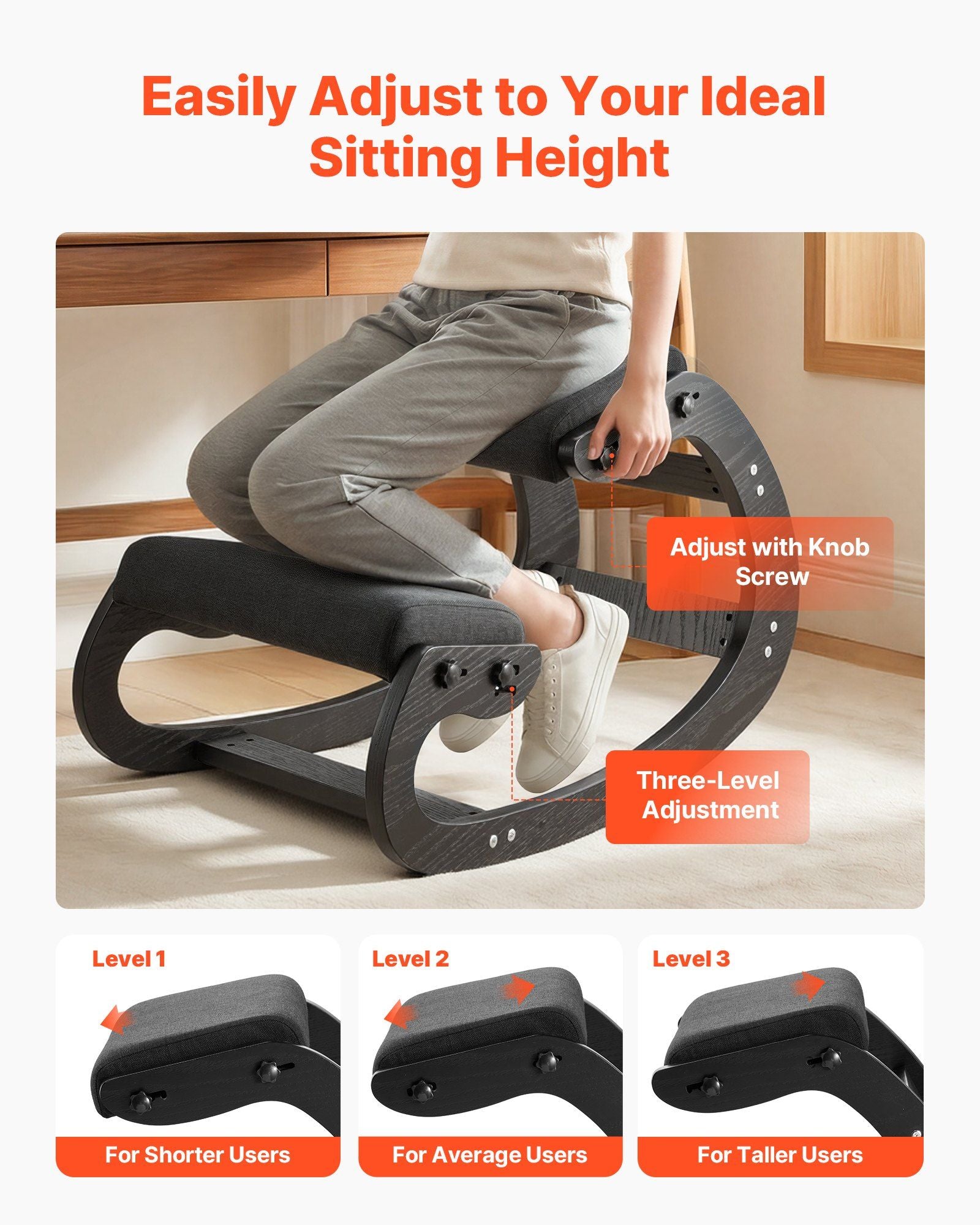 Ergonomic Kneeling Chair, Wooden Posture Knee Chair with Adjustable Thick Foam Cushions & Solid Wood Frame, Adjustable Height, Relief for Neck or Back Pain for Home, Office or Meditation, Black