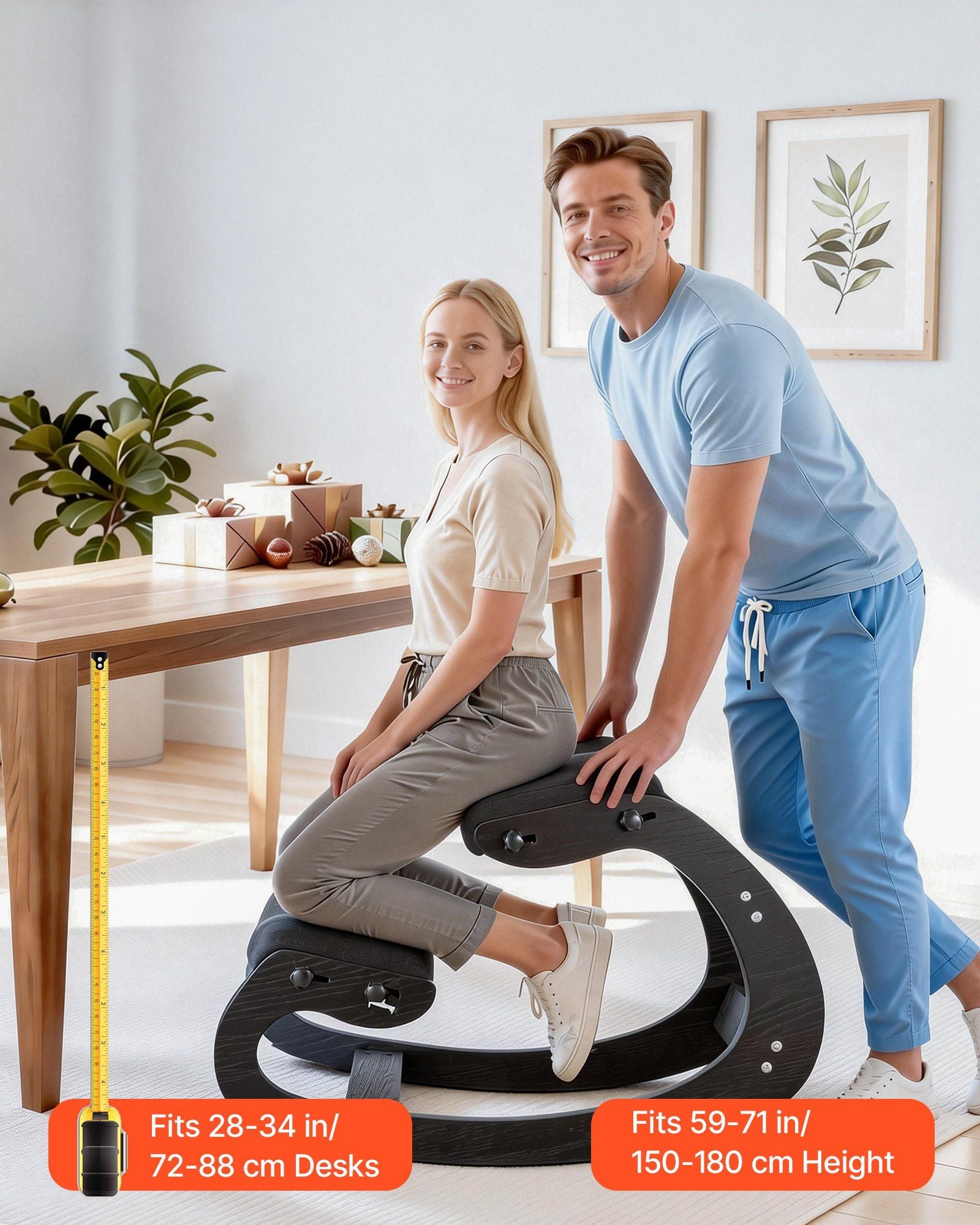 Ergonomic Kneeling Chair, Wooden Posture Knee Chair with Adjustable Thick Foam Cushions & Solid Wood Frame, Adjustable Height, Relief for Neck or Back Pain for Home, Office or Meditation, Black