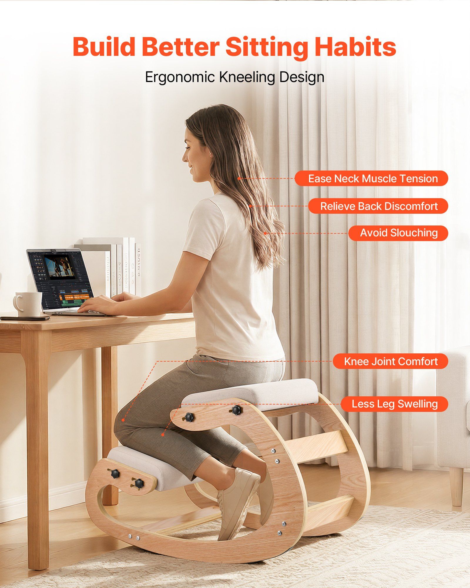 Ergonomic Kneeling Chair, Wooden Posture Knee Chair with Adjustable Thick Foam Cushions & Solid Wood Frame, Adjustable Height, Relief for Neck or Back Pain for Home, Office or Meditation, Beige