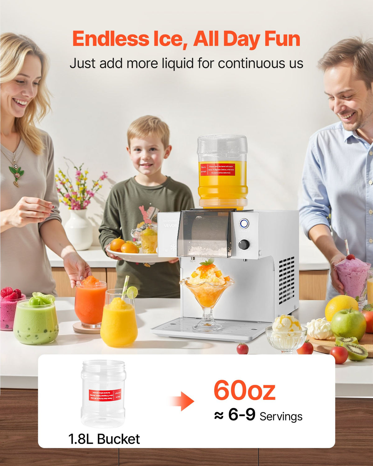 VEVOR Snowflake Ice Machine, 40KG/24H Snowflake Ice Maker, Ice-Shaver Machine with Stainless Steel Blade, Electric Snow Cone Maker with 1.8L Tank, 90S Fast Pre-Cooling, for Home & Small Gatherings