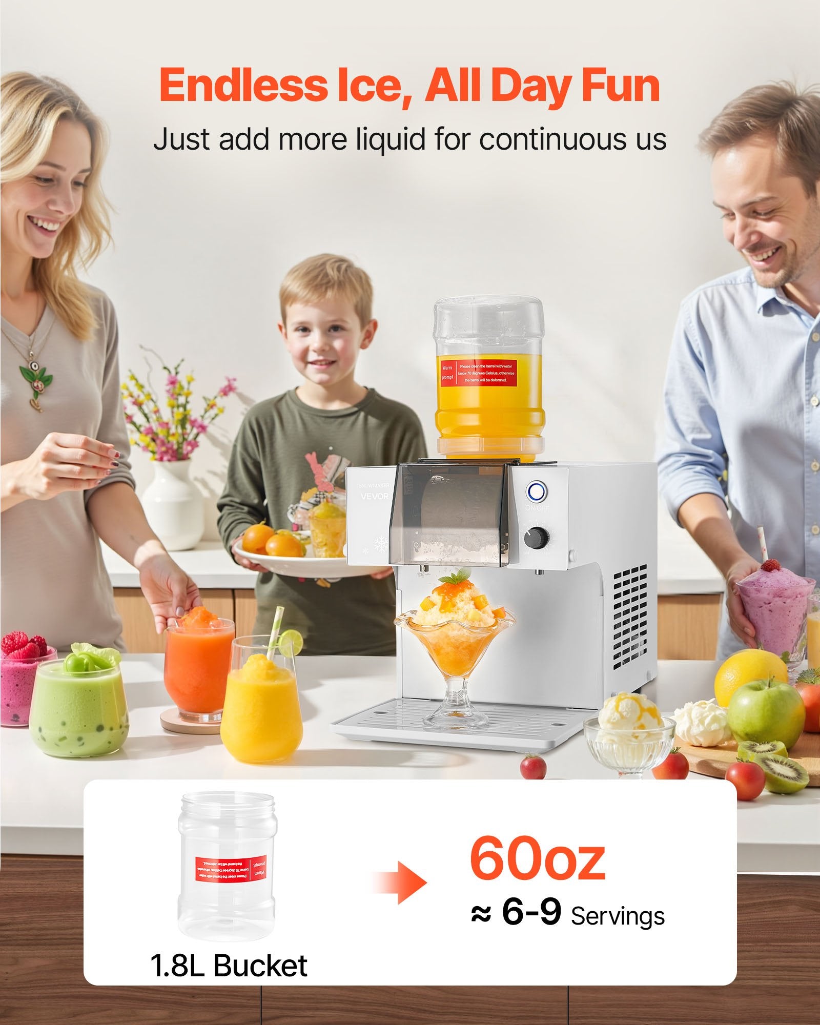 VEVOR Snowflake Ice Machine, 40KG/24H Snowflake Ice Maker, Ice-Shaver Machine with Stainless Steel Blade, Electric Snow Cone Maker with 1.8L Tank, 90S Fast Pre-Cooling, for Home & Small Gatherings