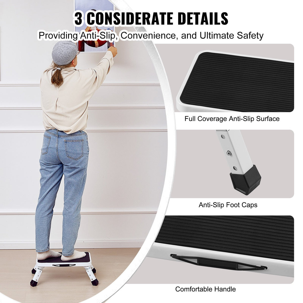 VEVOR Step Stool 1-Step 150KG Capacity, Folding Steel Step Ladder 3 Adjustable Height, Portable Toddler Step Stools for Adults, Non-Slip Sturdy Step Ladders for Office, RVs, Pets, Bathrooms,Bedrooms