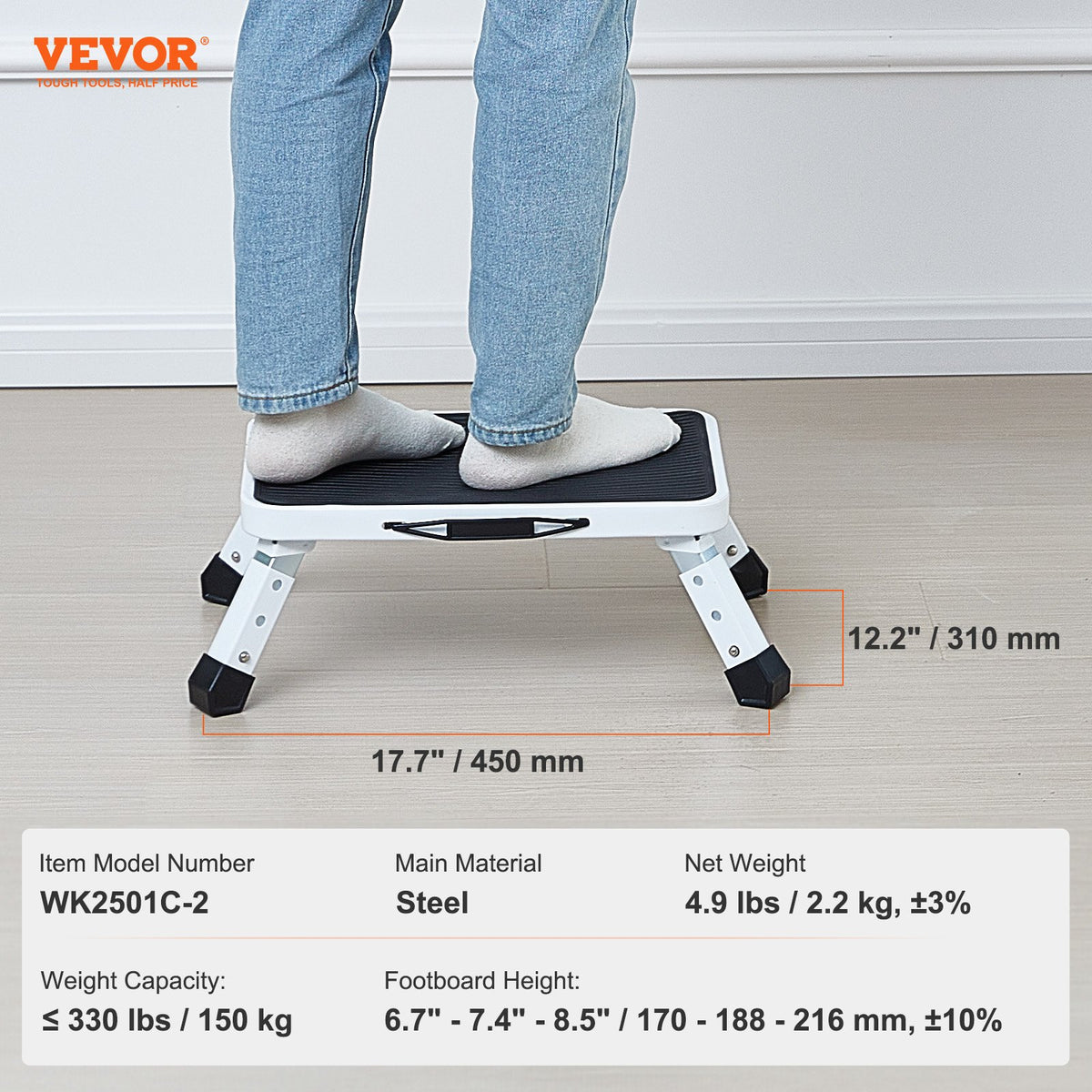 VEVOR Step Stool 1-Step 150KG Capacity, Folding Steel Step Ladder 3 Adjustable Height, Portable Toddler Step Stools for Adults, Non-Slip Sturdy Step Ladders for Office, RVs, Pets, Bathrooms,Bedrooms
