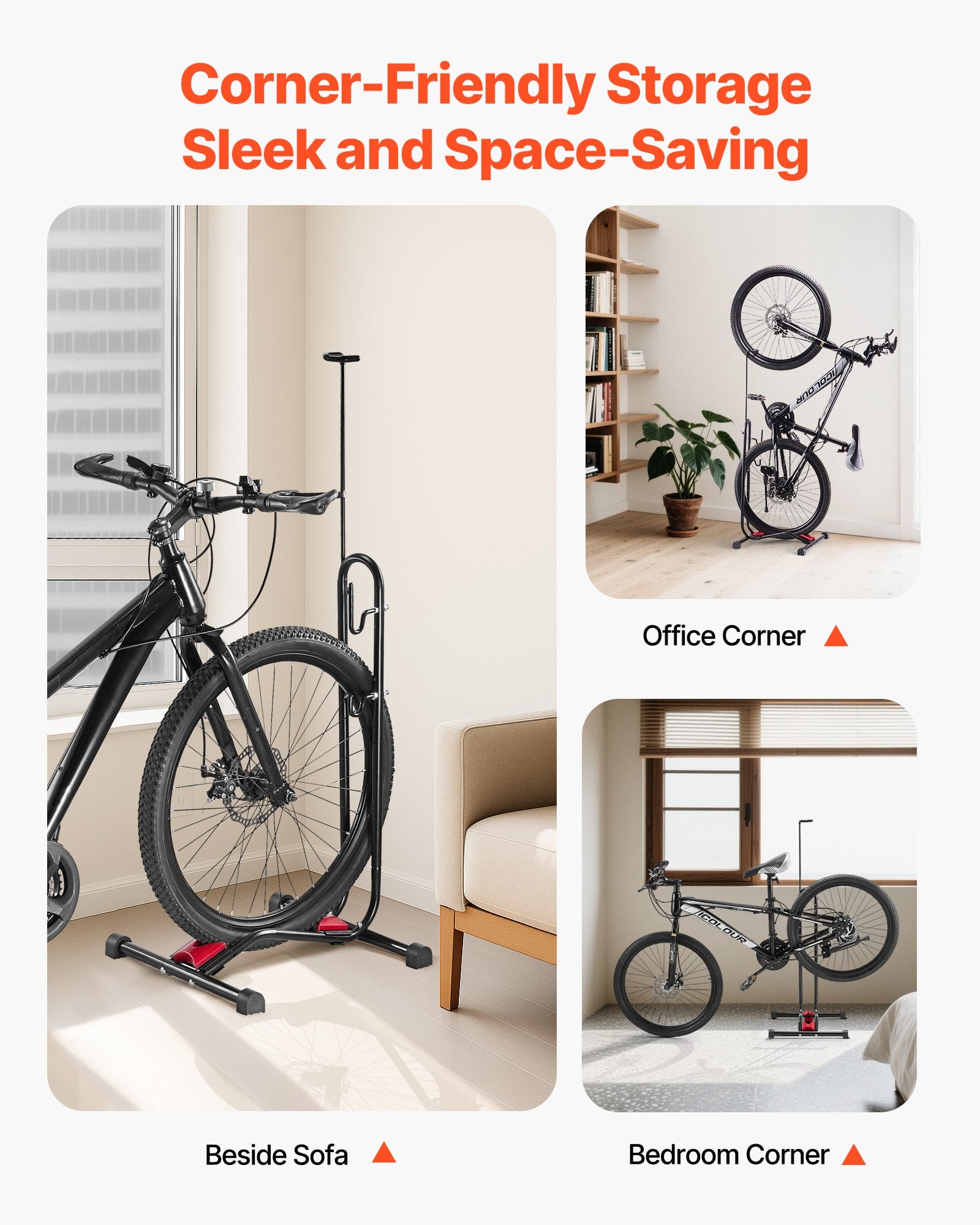 VEVOR Bike Rack, Upright Bike Stand Floor for 406.4 to 700 mm Mountain & Road Bikes, Vertical & Horizontal Bicycle Stand for Secure Parking and Storage in Garage, Truck Bed, Indoor, Outdoor, Black